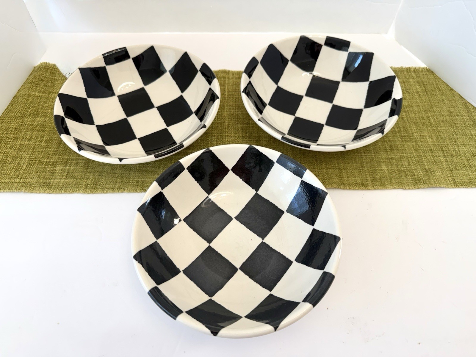 Vtg 3 Royal Stafford Cereal Bowls Black & Cream Chequers 6 3/4” Mckenzie Childs