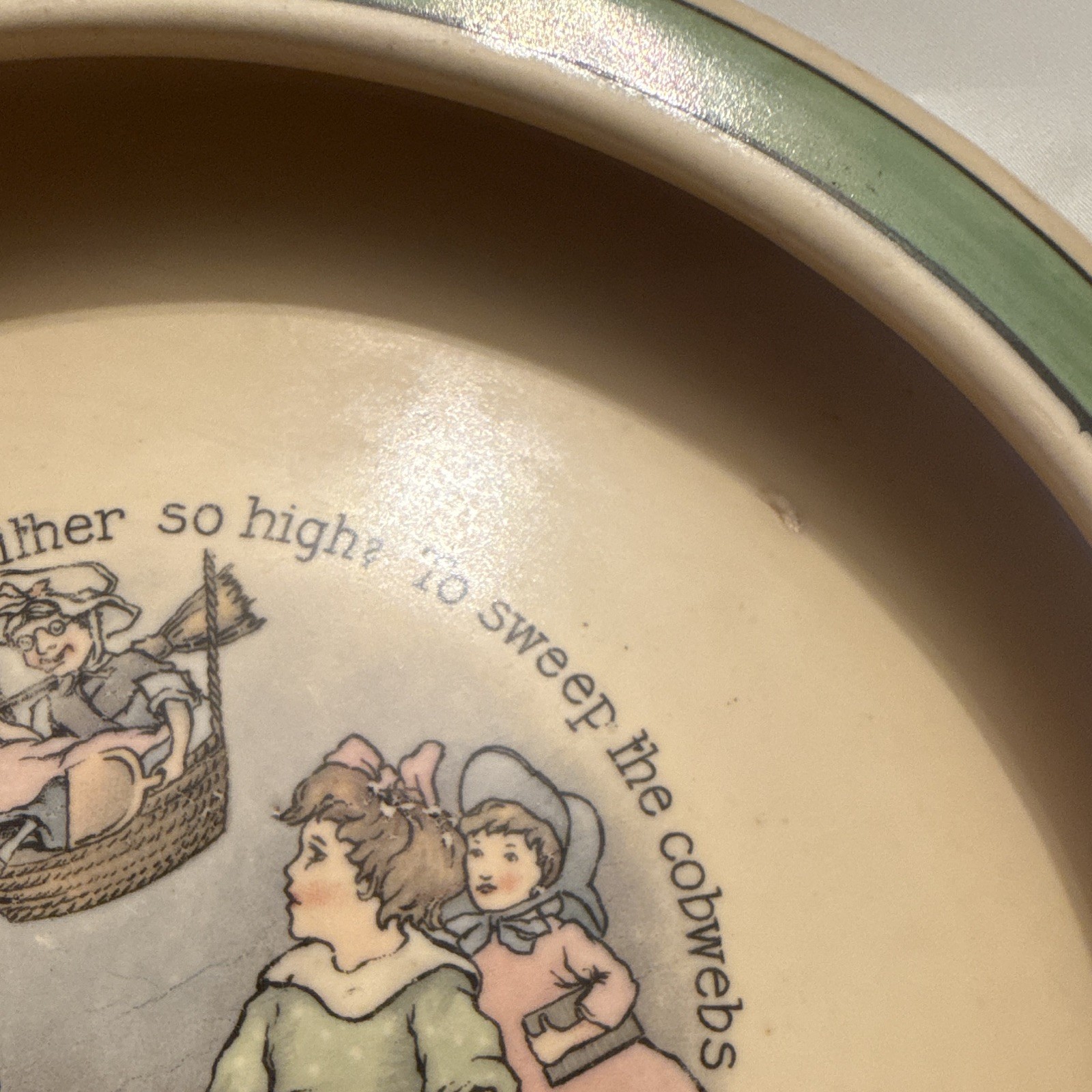 Ceramic Pottery Nursery Rhyme Bowl Beige w/ Green Rim Glossy 8 in Round