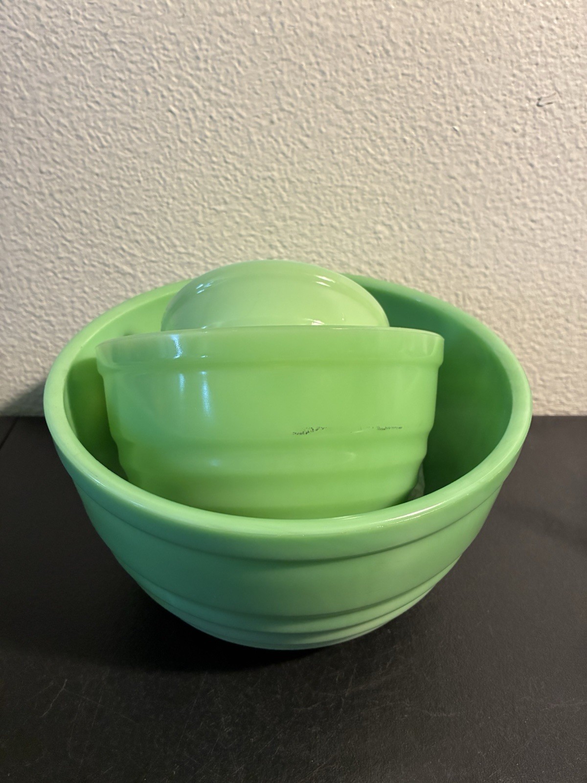 Jeannette Glass Concentric Circle Mixing Bowl Set Jadeite Green 5 7 & 9” Uranium