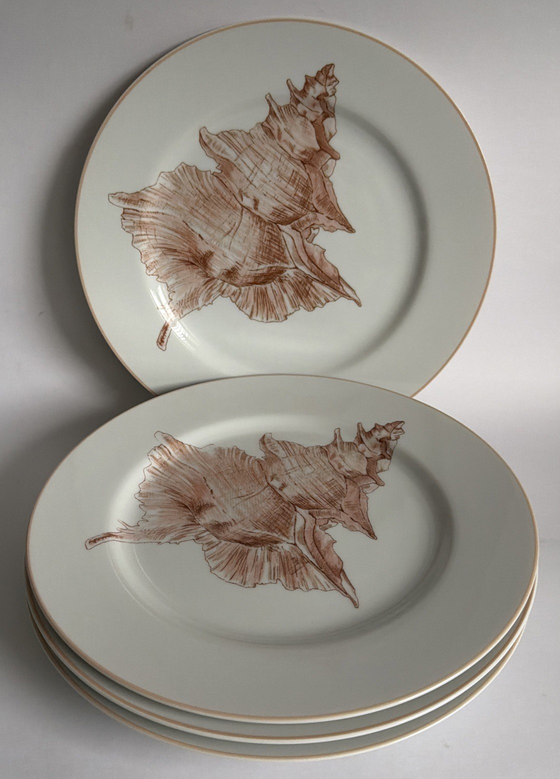 4 Fitz & Floyd Coquille Shell 10.25” Dinner Plate Lot Set Peach/Pink Rim