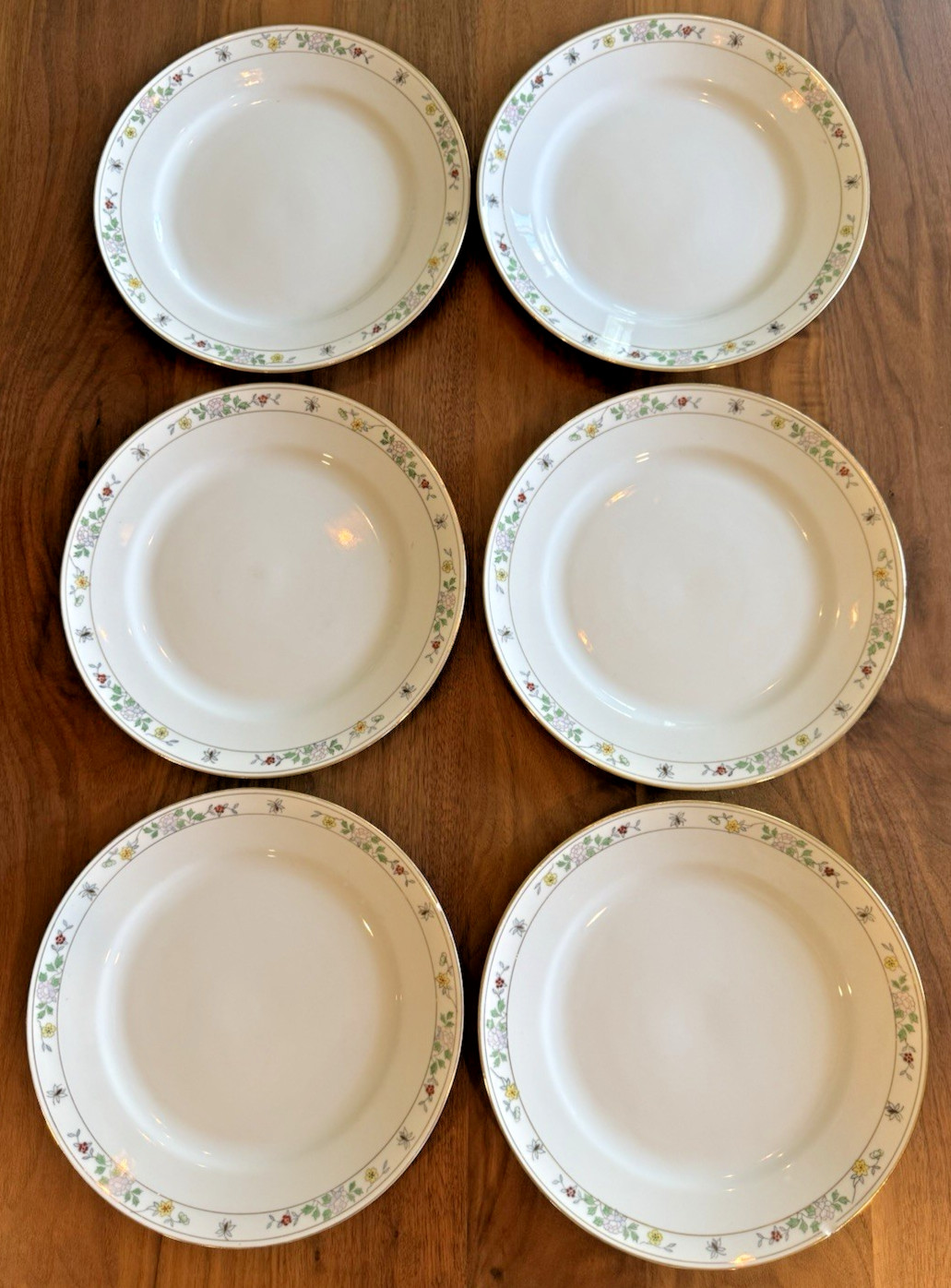 Noritake N1611 Field Japan (6) Dinner Plates Flowers Bees Rare Gold Hand Painted
