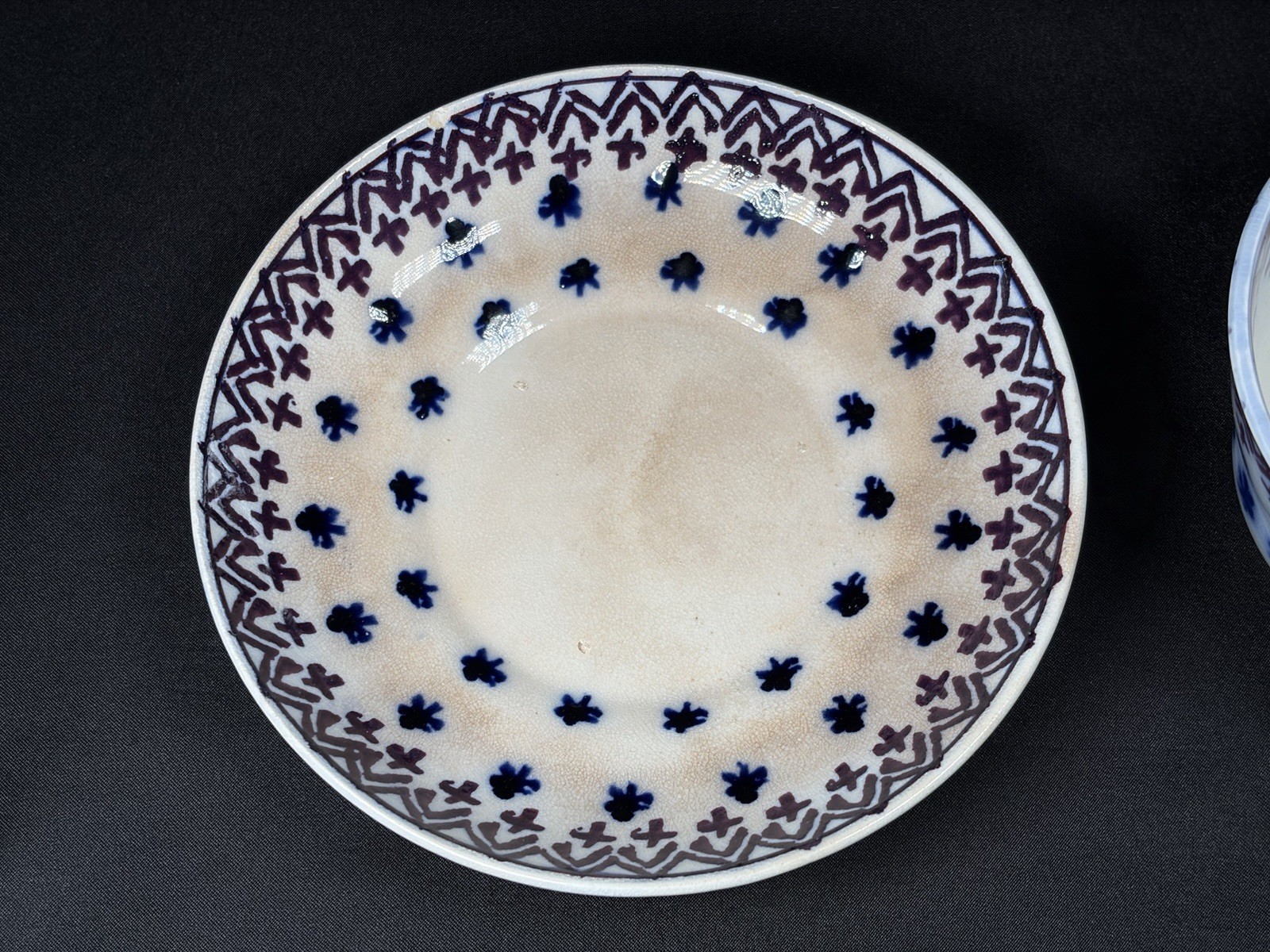 Antique Staffordshire Flow Blue Amish Snowflake Handleless Cup Saucer c1840