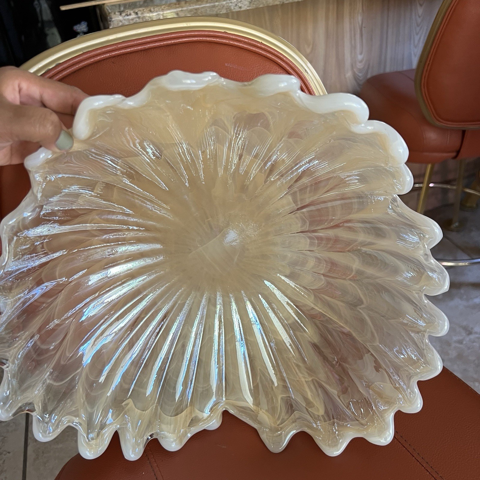 Murano Art Glass XL White Cream Freeform 3-Leaf Clover Center Bowl Italy 16″dia