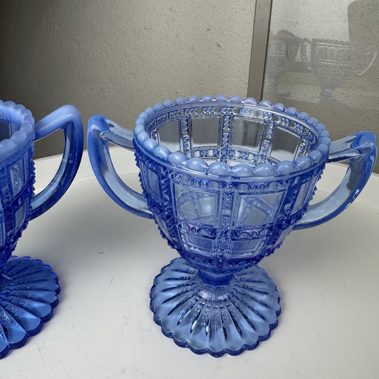Vintage Deco Imperial Glass Beaded Block Blue Opalescent Cream & Sugar Set c1930