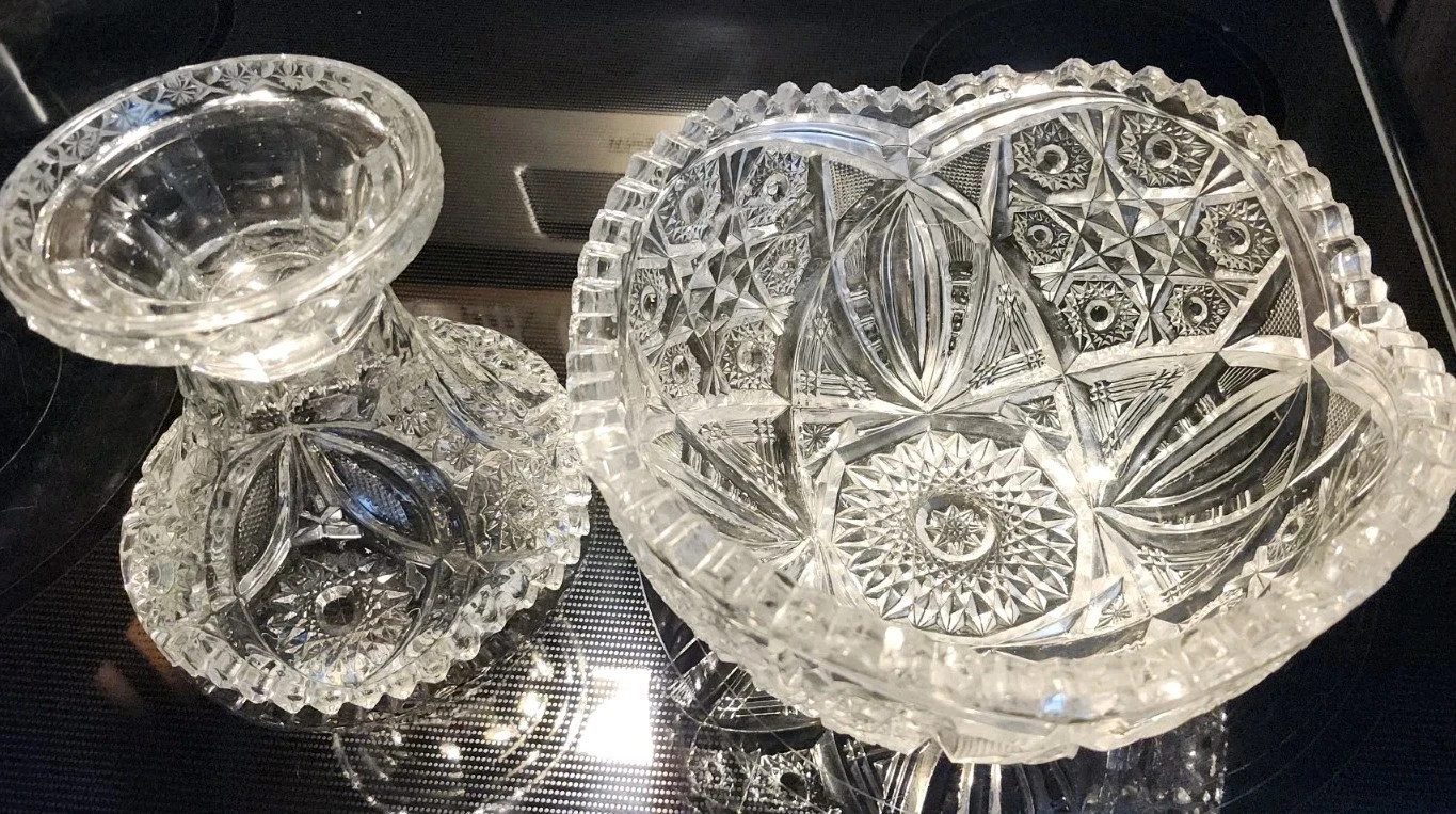 Antique Brilliant Cut Crystal Glass Eggnog Centerpiece Bowl 2 Piece Vintage