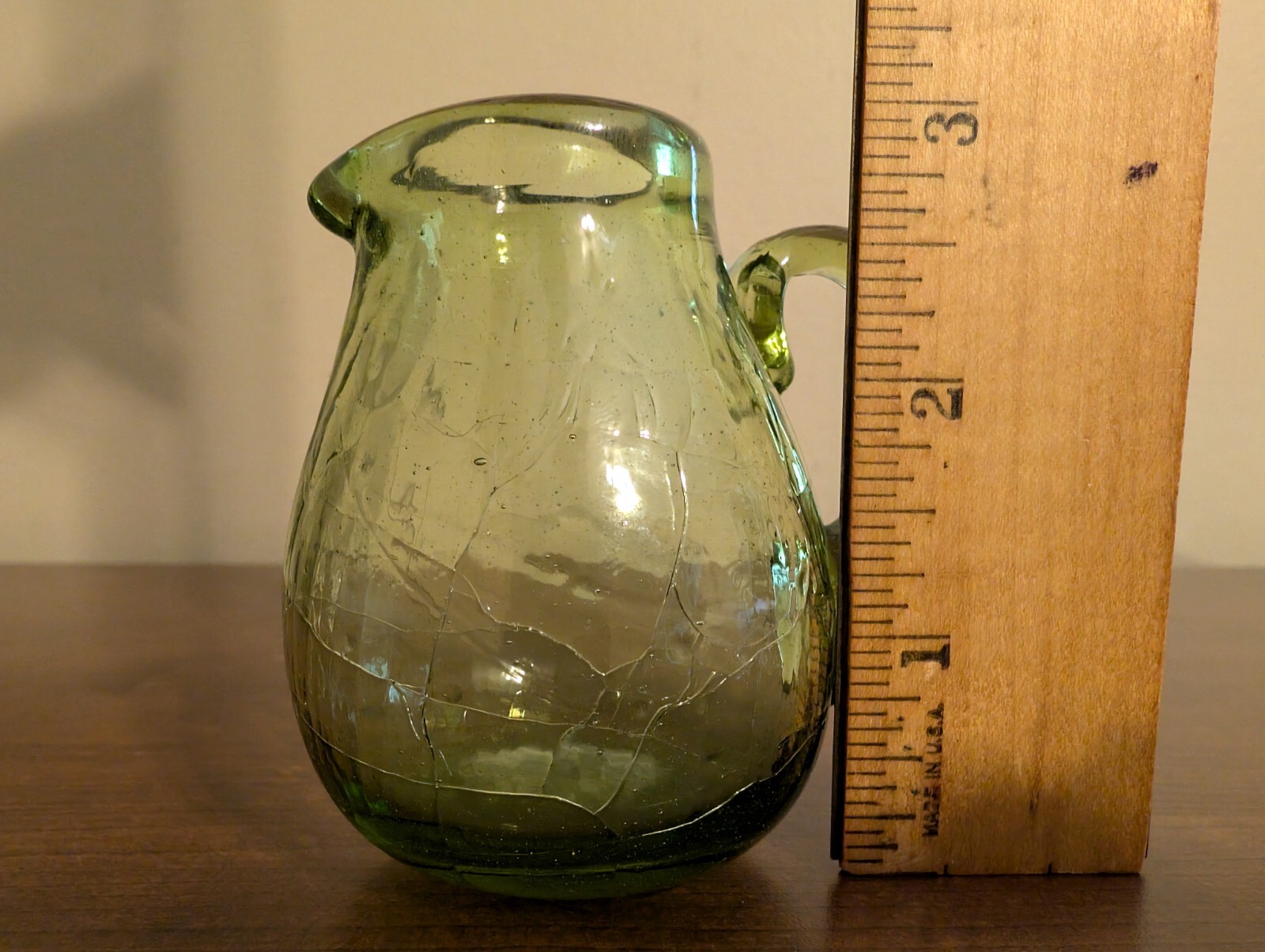 BLENKO Hand-Blown Crackle Glass Olive Green Mini Pitcher w Handle & Sharp Pontil