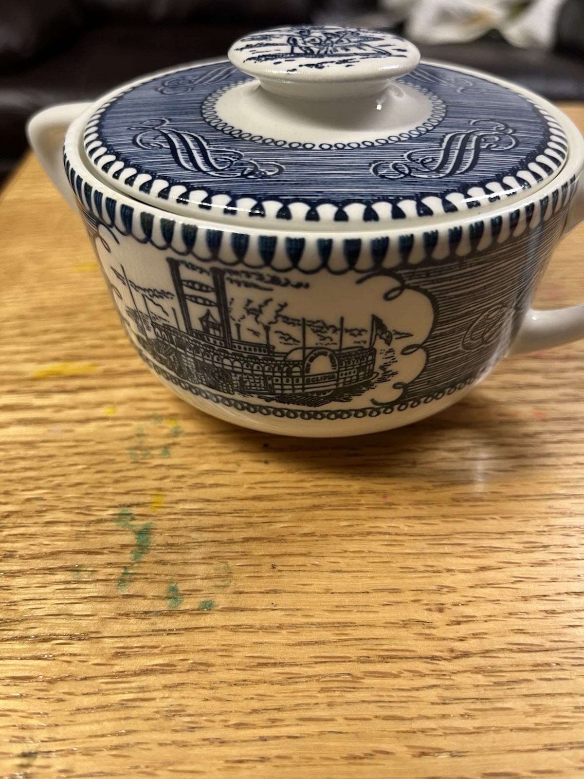 Currier Ives Royal China Blue & White Creamer and Sugar with Lid Set Excellent
