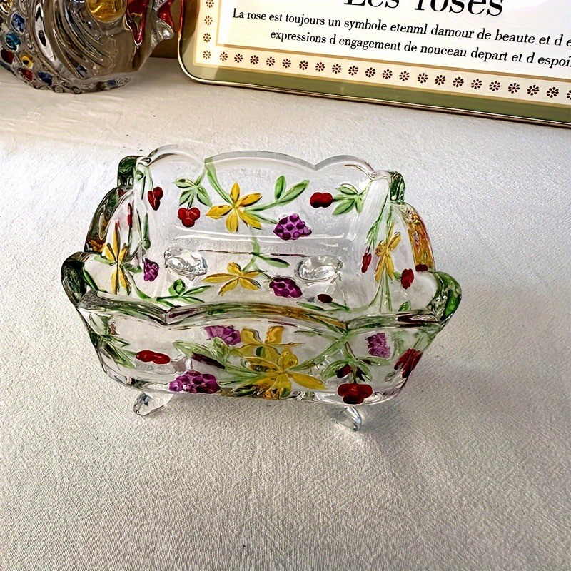 Glass Salad Bowl With Vintage Floral Serving Dish Fruit Bowl Colorful Home Decor