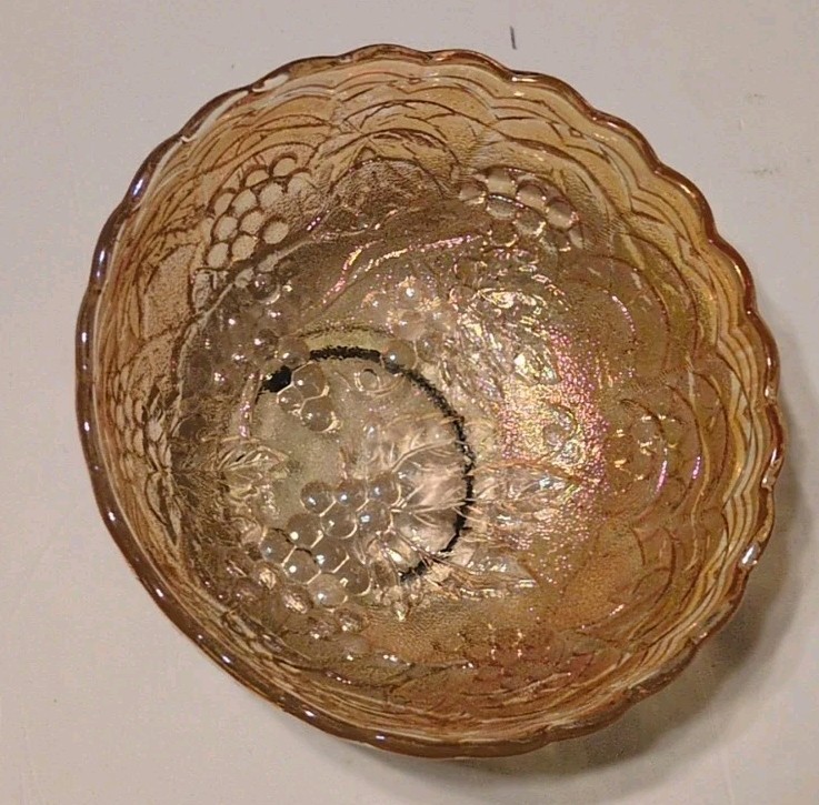 Amber Carnival Glass 5″ Bowl with Molded Grape Vines Design