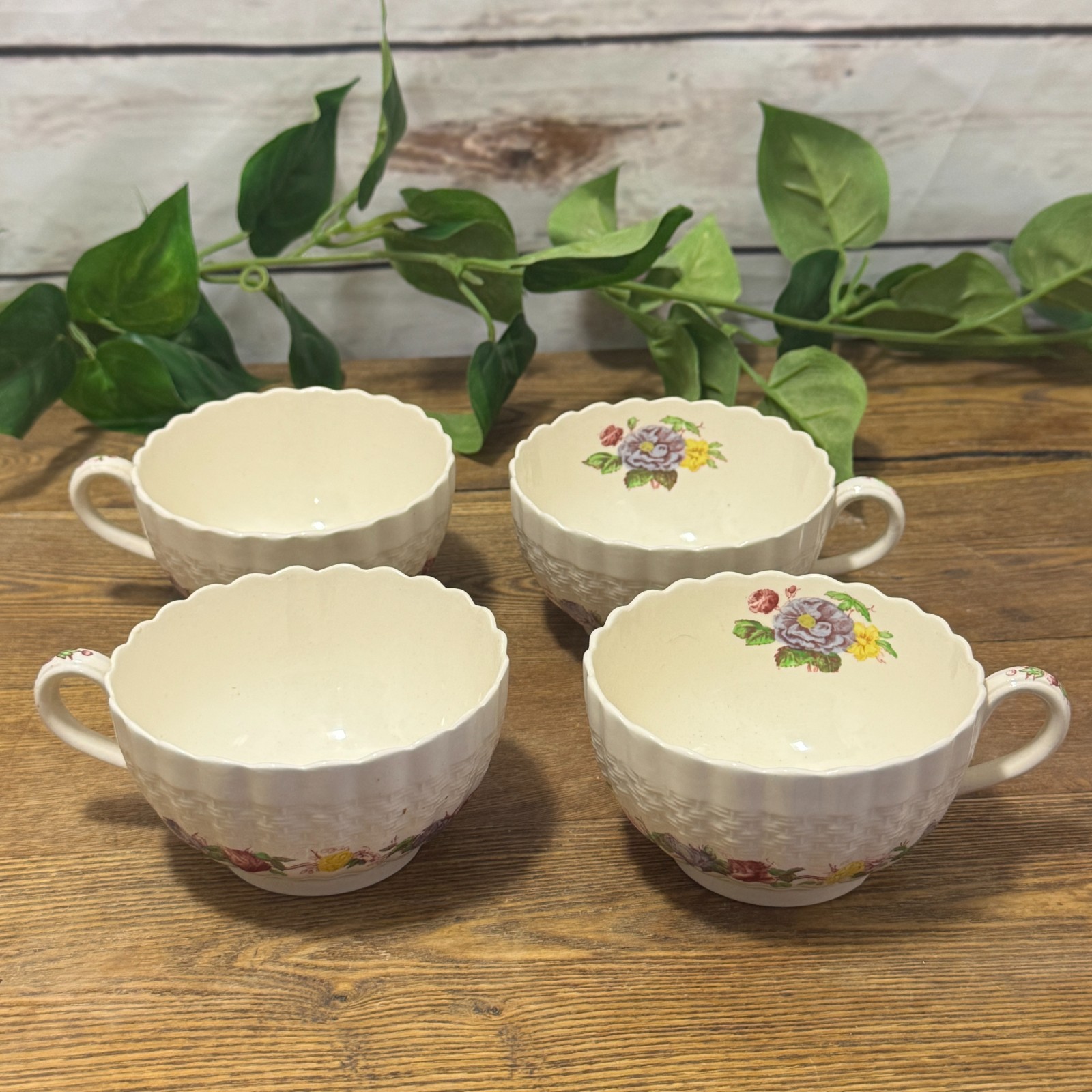 4 Copeland Spode Rose Briar Chelsea Wicker Porcelain Tea Cups Footed Coffee Set