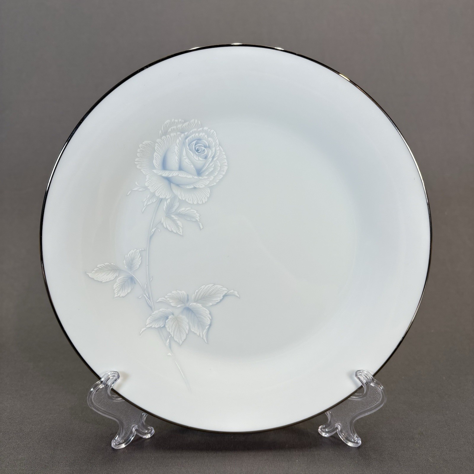 Noritake Virtue Salad Plates 8 1/4″ Set of 4 White Blue Roses Platinum Trim