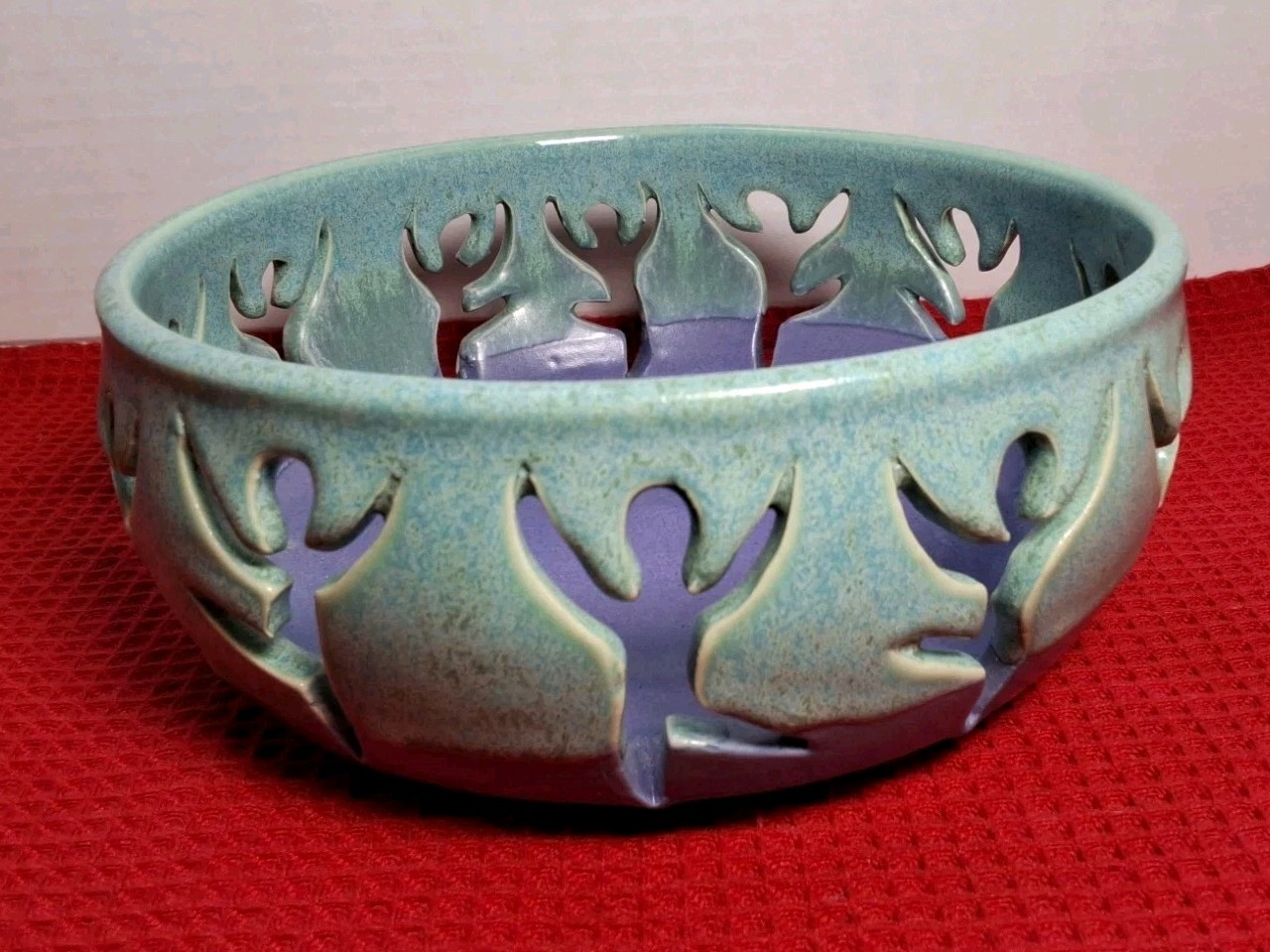Handcrafted Studio Art Pottery Bowl Dancing Ballerina People Aqua & Purple