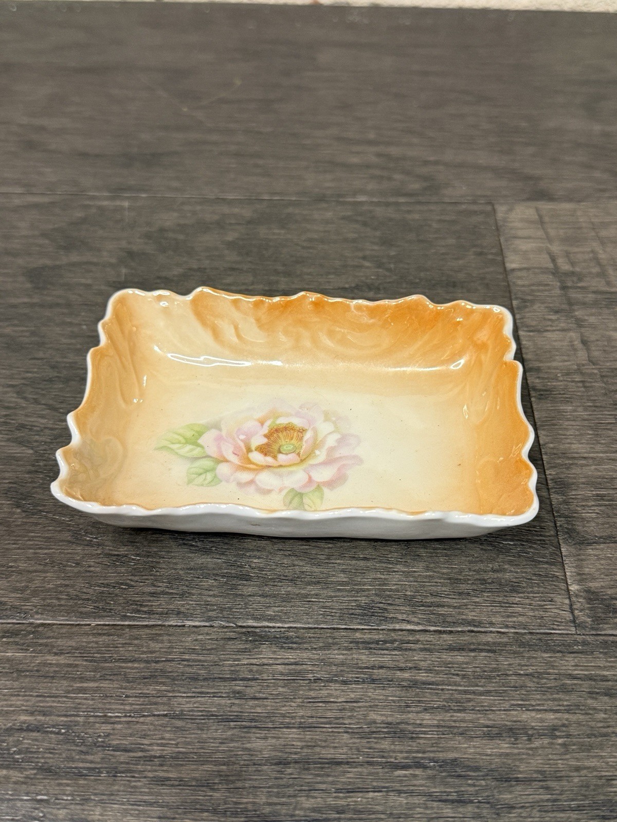 Antique Scalloped Porcelain Small Orange Floral Pattern Trinket Dish Germany