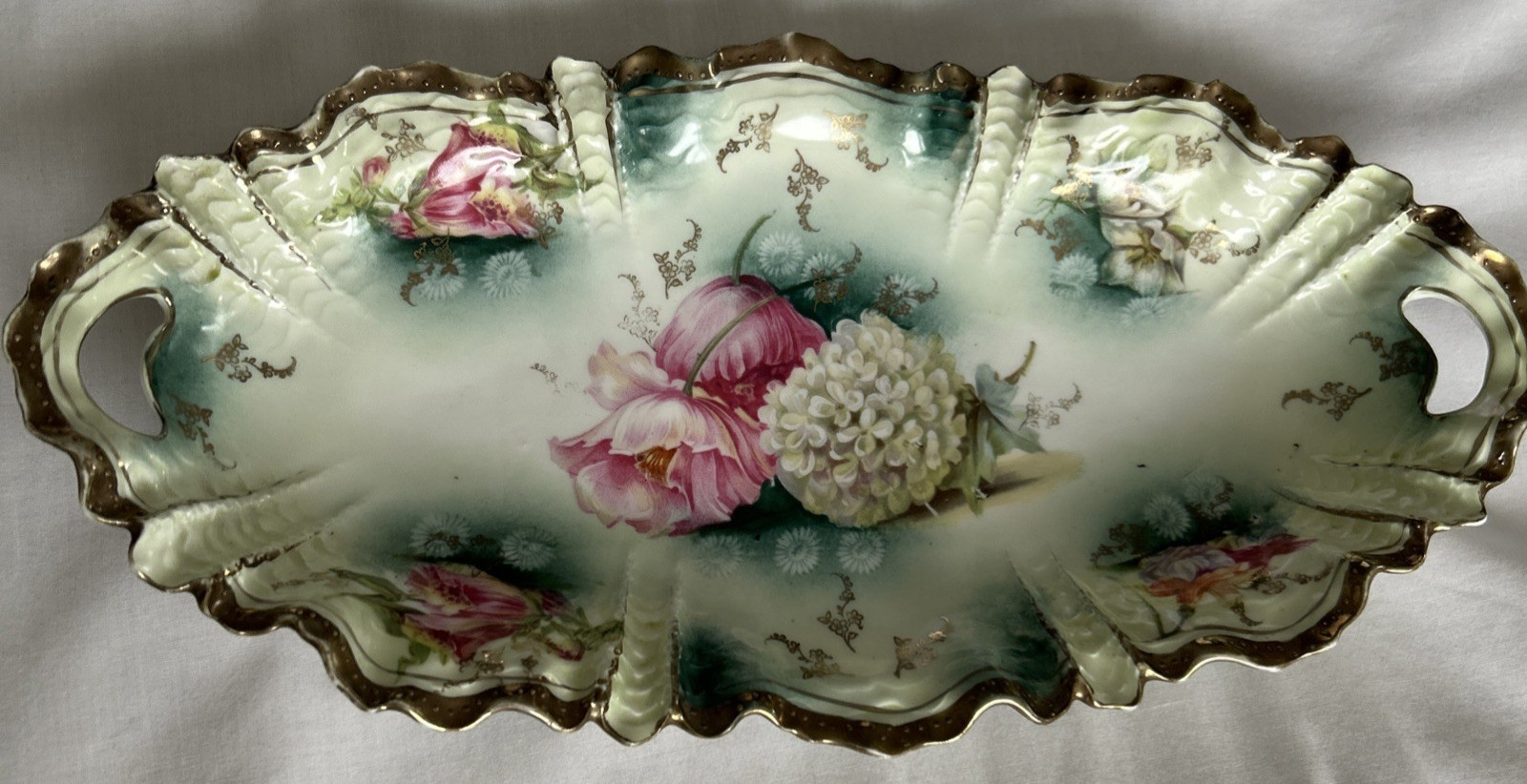 RS Prussia Porcelain Celery Relish Dish Flowers Gold Trim Early 1900s Antique