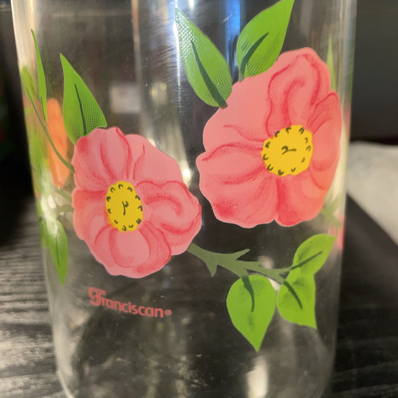 Vintage Franciscan Desert Rose Clear Glass Pink Flower 7.75 in Cocktail Pitcher