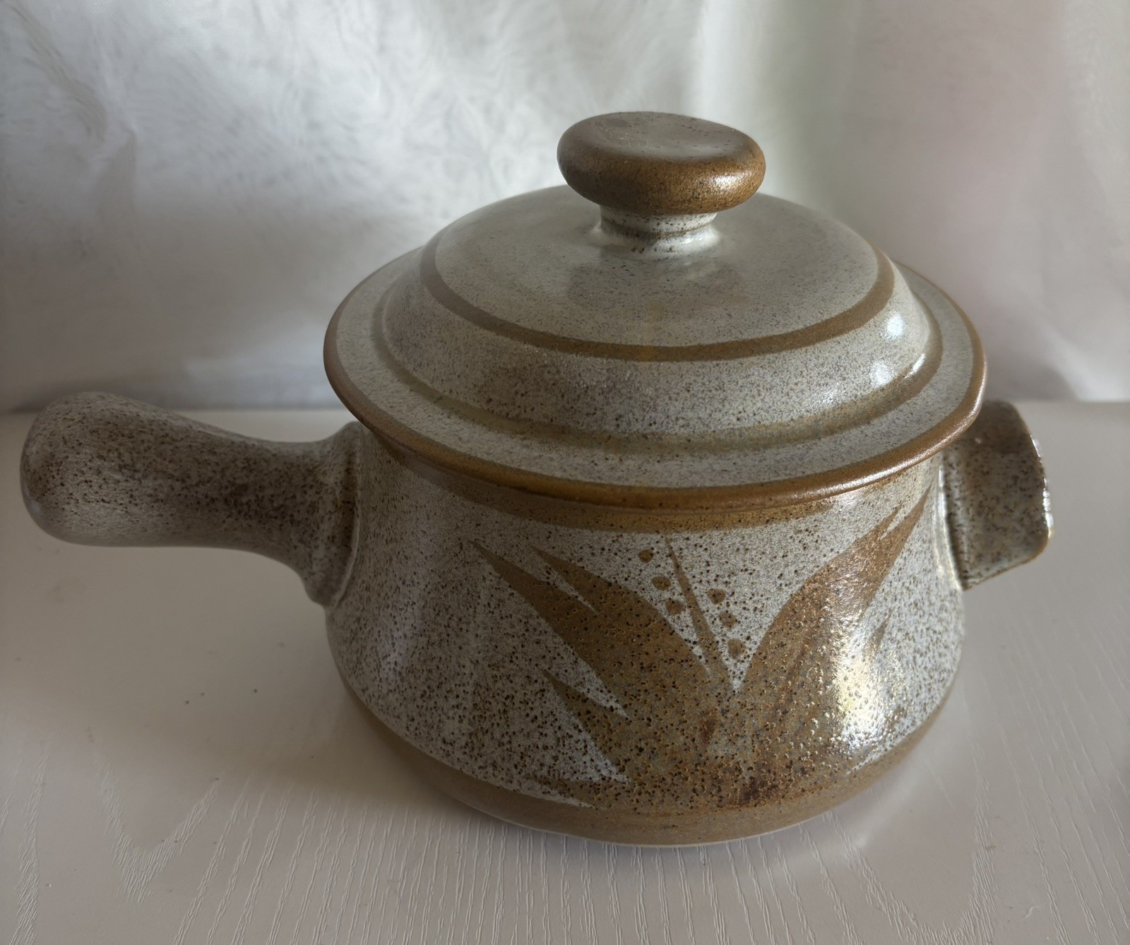 Vintage Stoneware Designs West Pottery Speckled Grey Retro Pot Handle and Lid