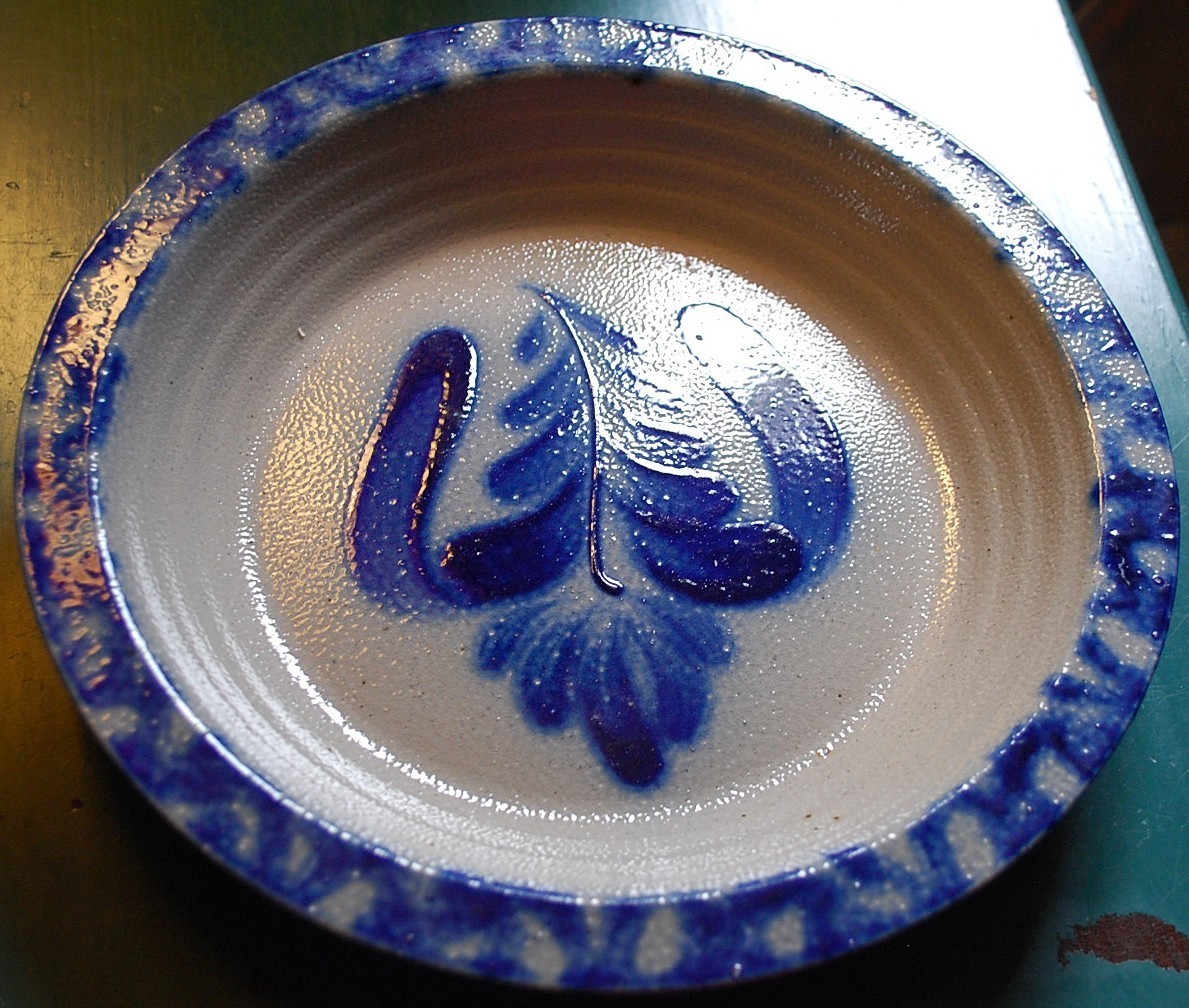 Vtg Studio Handcrafted FOLK ART Pottery Dish/Plate BLUE SALT GLAZE Signed Dated