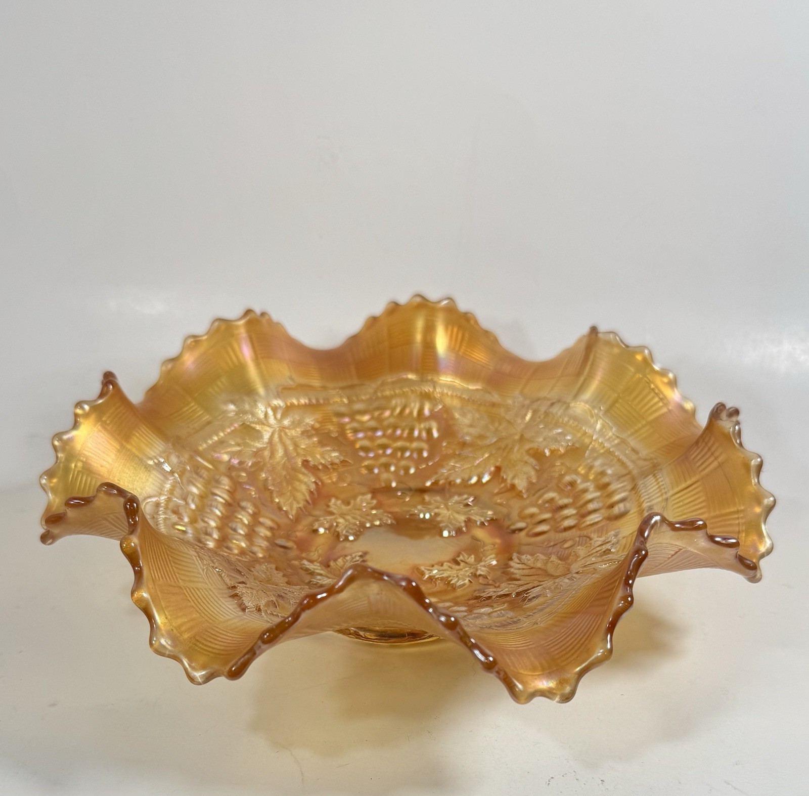 Northwood Bowl Carnival Glass Marigold Grape & Cable Ruffled Vintage 8.5”