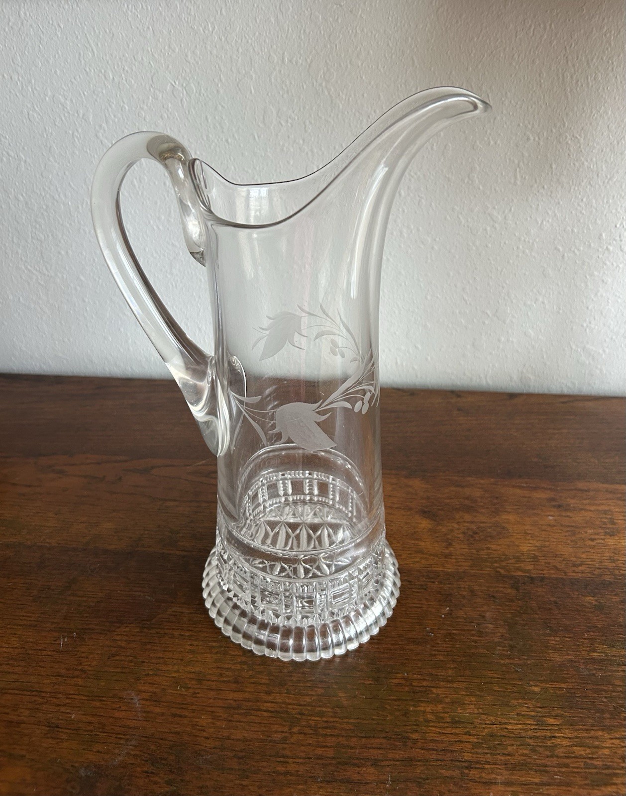 Ring and Block Etched Gray Cut Antique Glass Pitcher Elegant Fine Dining