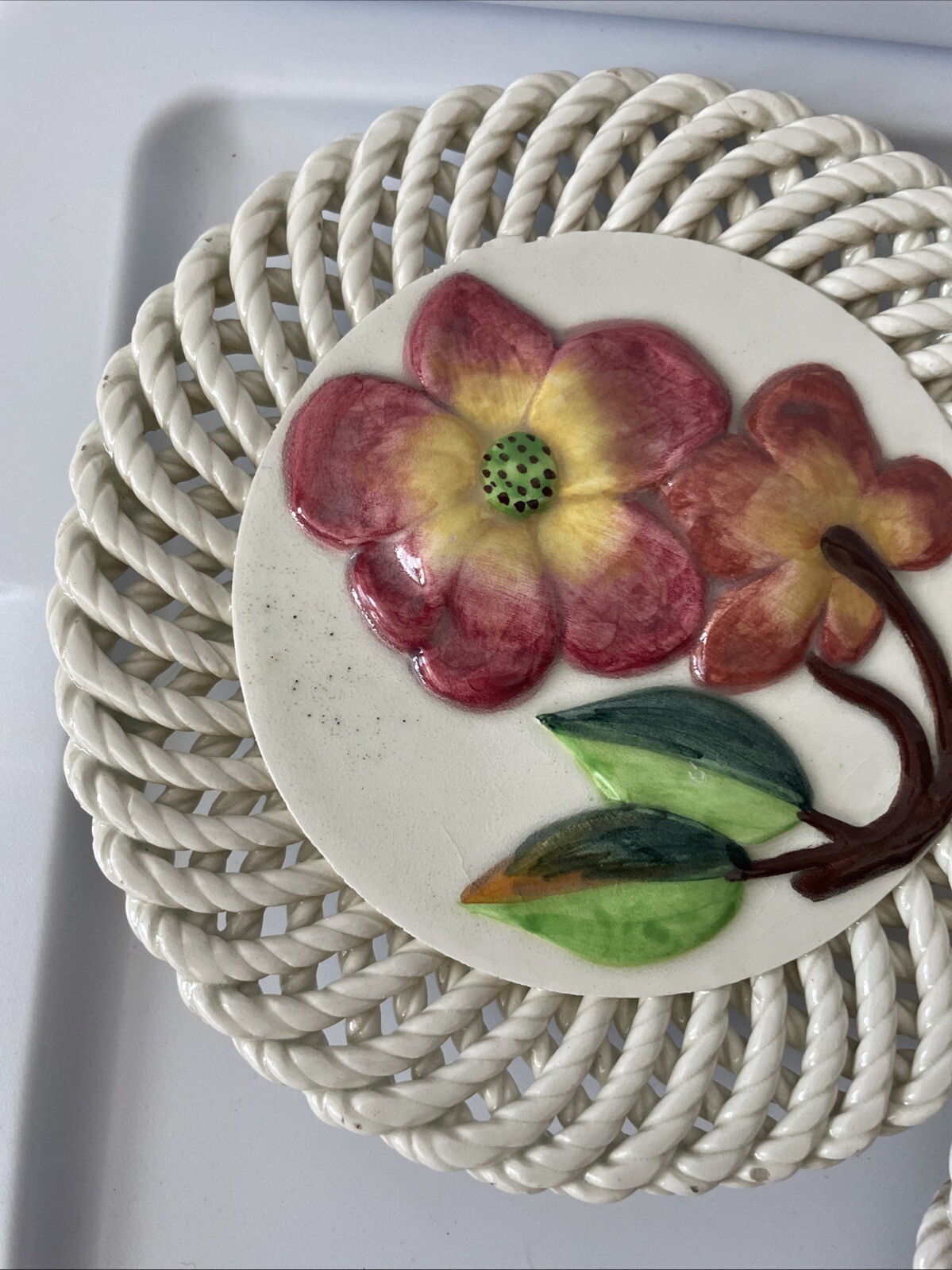 Ceramic Spain Wall Plates Spanish Art 3D Fruit Flowers Lattice Painted Set of 3