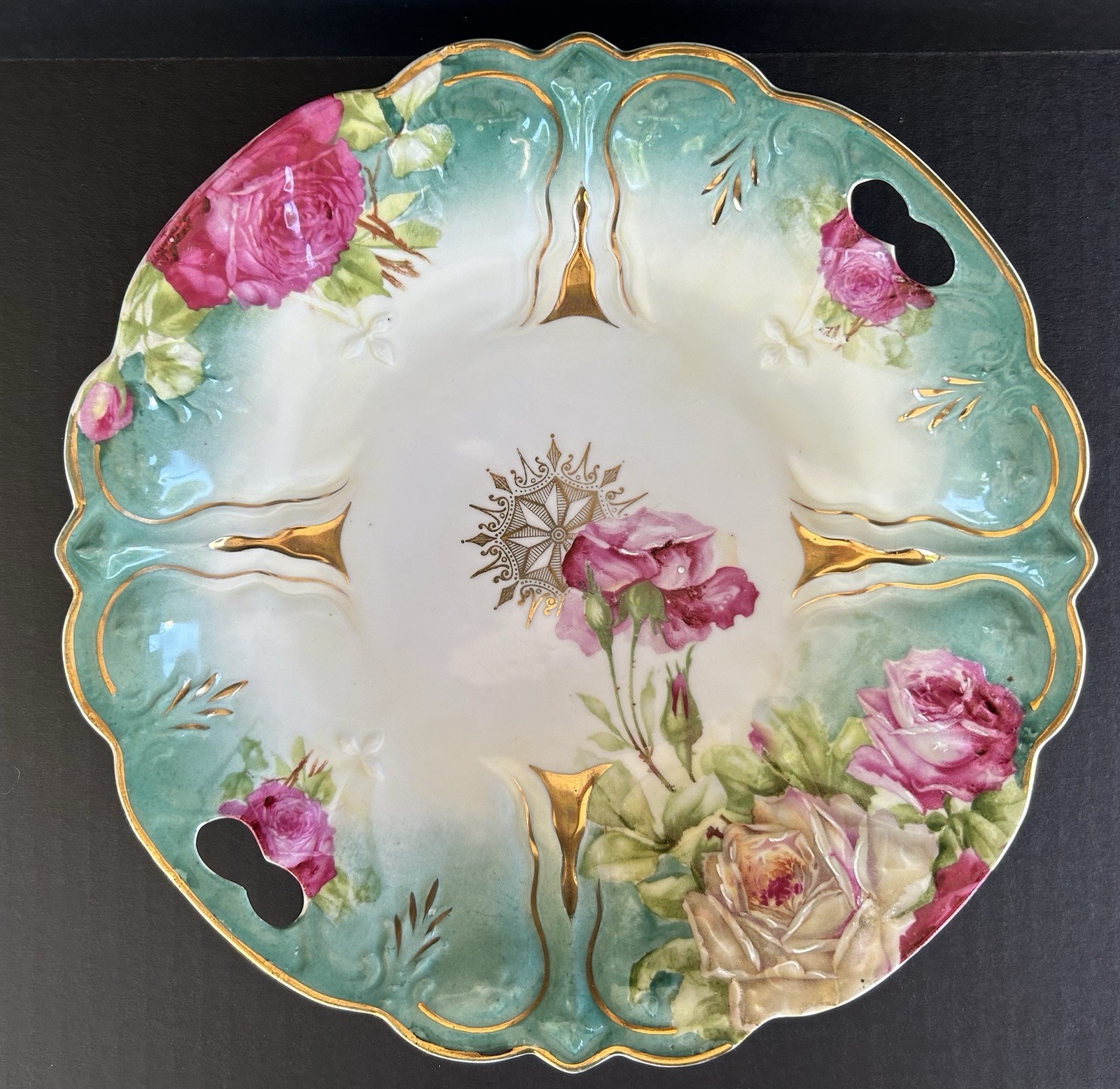 Antique PS Germany Porcelain Bowl 10 1/2″ Teal Blue With Pink Roses