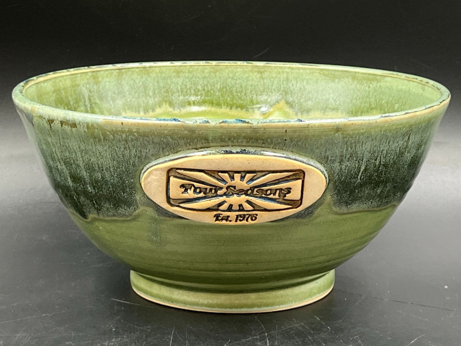 Green Drip Glazed Studio Pottery Pedestal Bowl Commemorating Four Seasons 50th