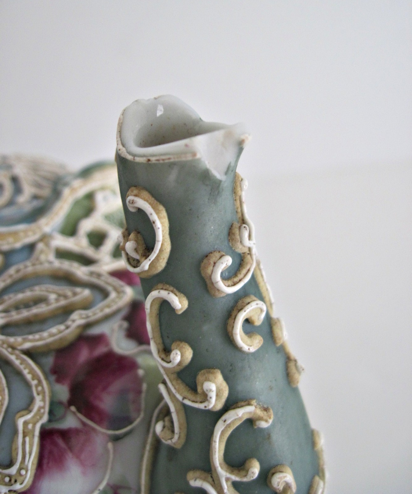 Antique Nippon Moriage Teapot Green Blue With Hand Painted Flowers READ