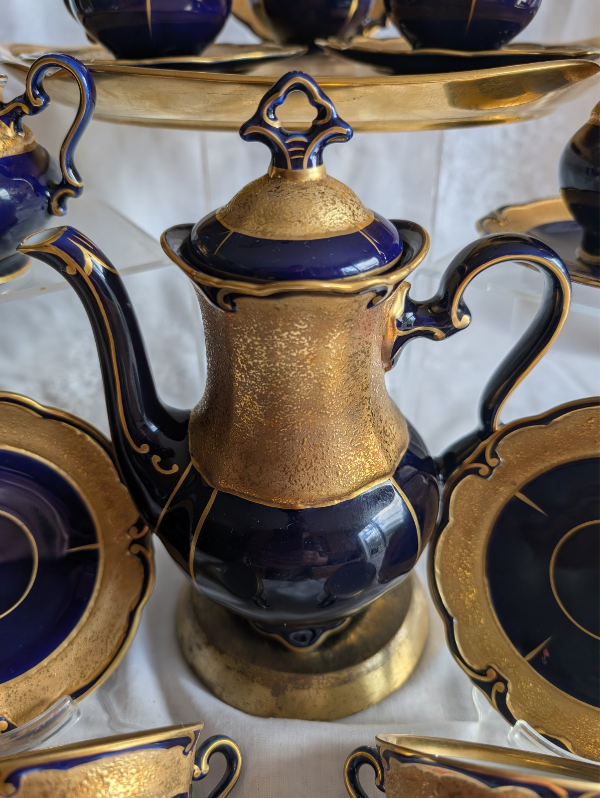 VINTAGE GRAF VON HENNEBERG PORZELLAN ILMENAU GERMANY ECHT KOBALT COFFEE SET 15pc