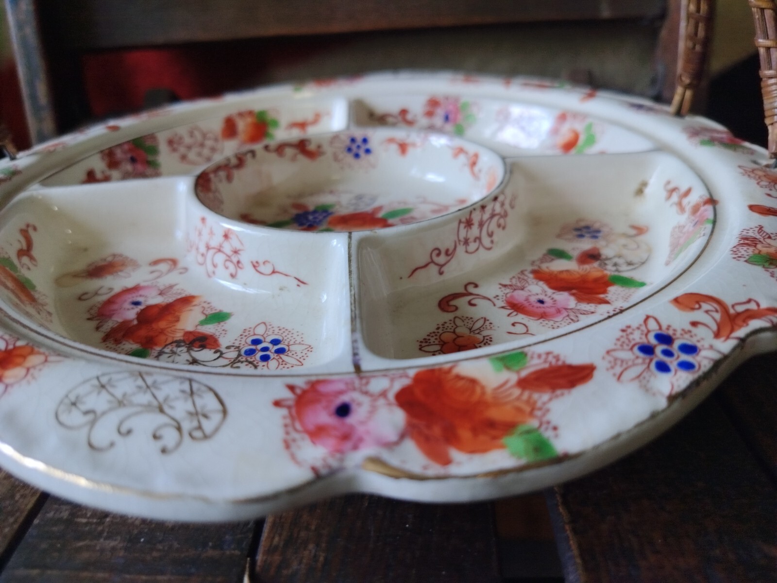 Antique Divided Serving Dish Floral Round Tray Wicker Handle Imari Japan 1940’s