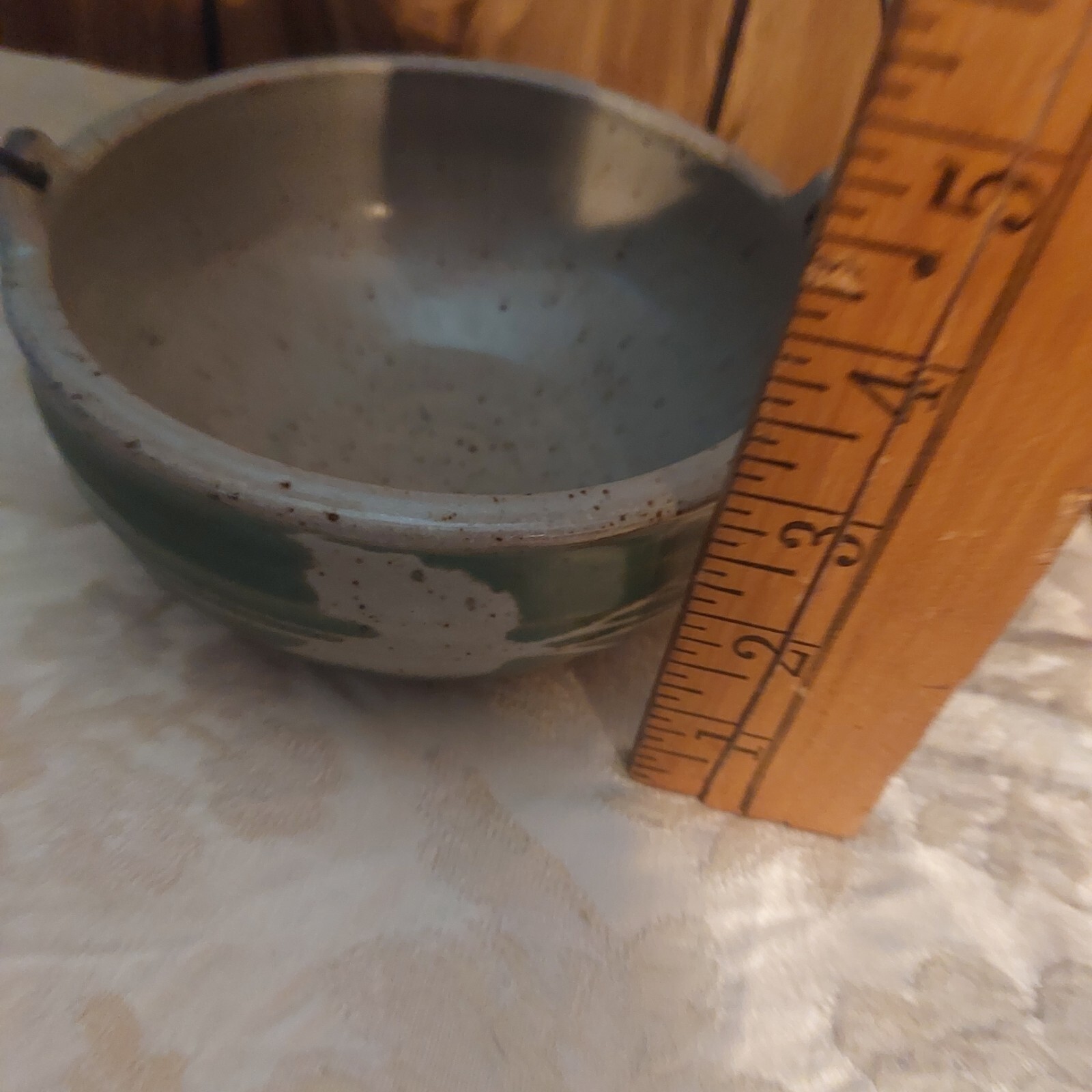 Stoneware Bail handle bowl signed small, miniature, green, tan and grey