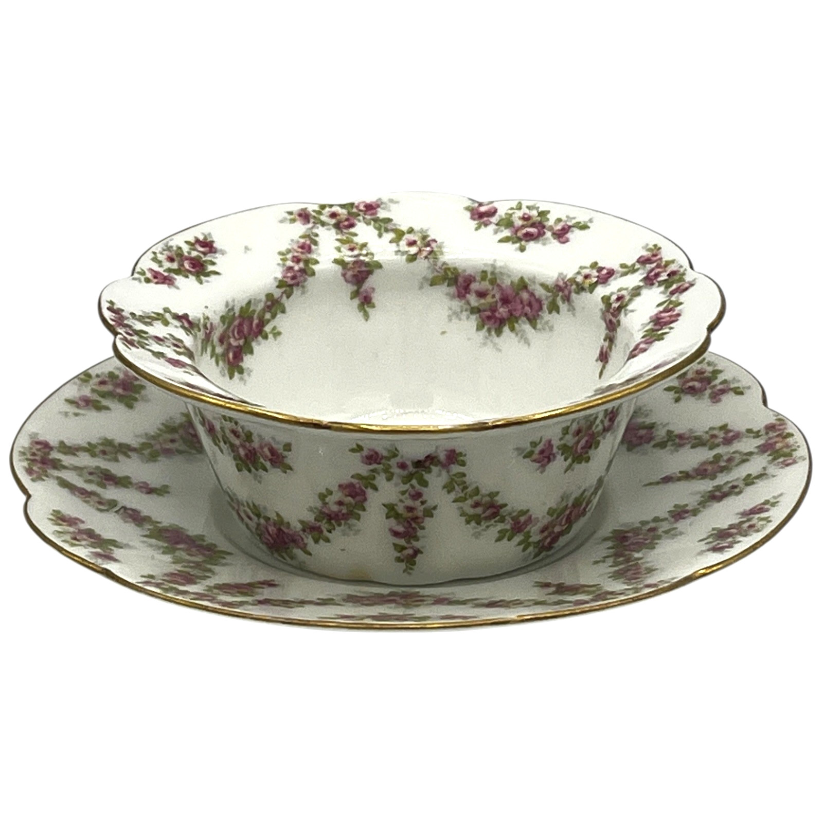 Antique T & V Limoges France Pink Rose Garland Berry Dessert Sets Bowl & Plate