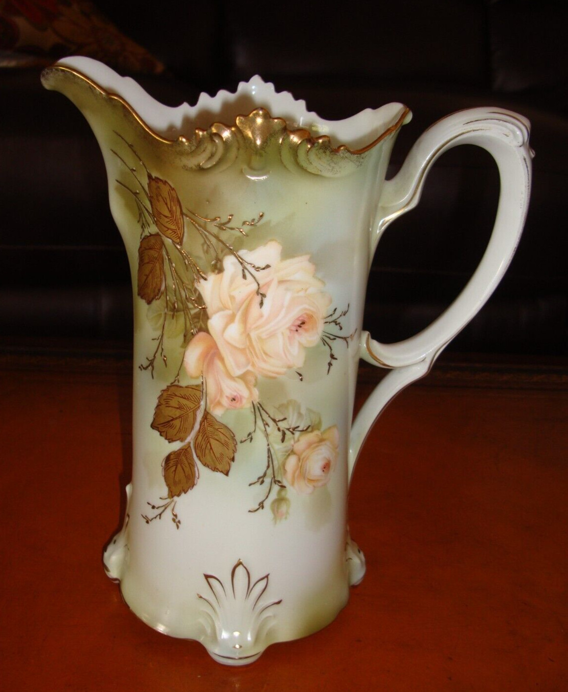 UNMARKED R.S. GERMANY PITCHER VASE TANKARD, ROSES & GOLD 10″