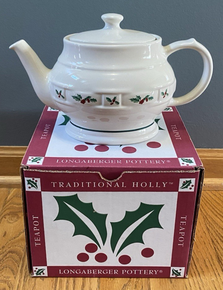 Longaberger Pottery Traditional Holly Christmas Teapot Tea Pot 31615 1997 New