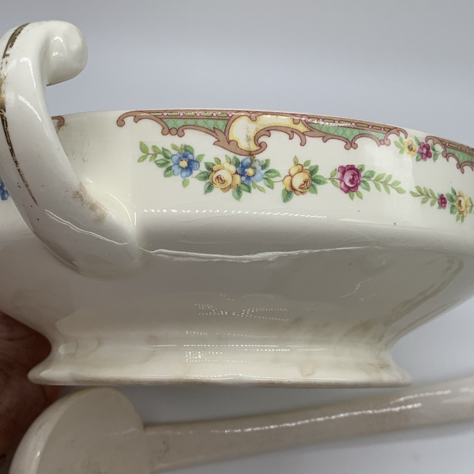 Vintage Ceramic Covered Vegetable Mildred Style, Ladle, Aged Prominent Crazing