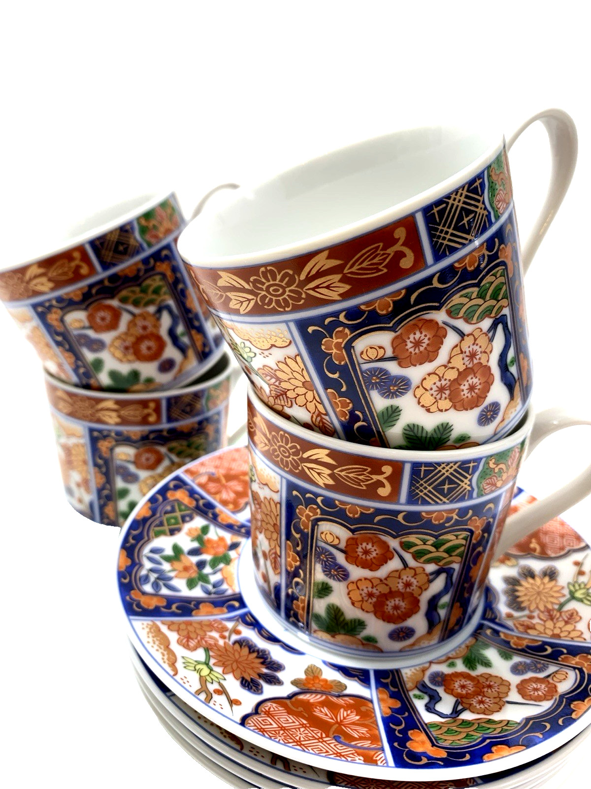 GUMPS KARAKUSA IMARI SET 4 COFFEE TEA CUP&SAUCER 2 SETS AVAIL RED BLU GREN GILT
