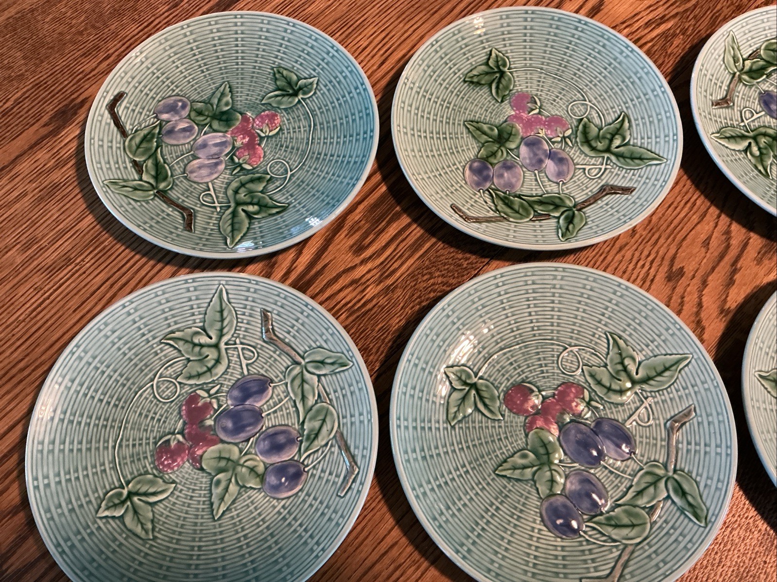 Set Of SIX Majolica Plates Teal Aqua Raspberry Plumb 2230 B Germany Weave 7.75”