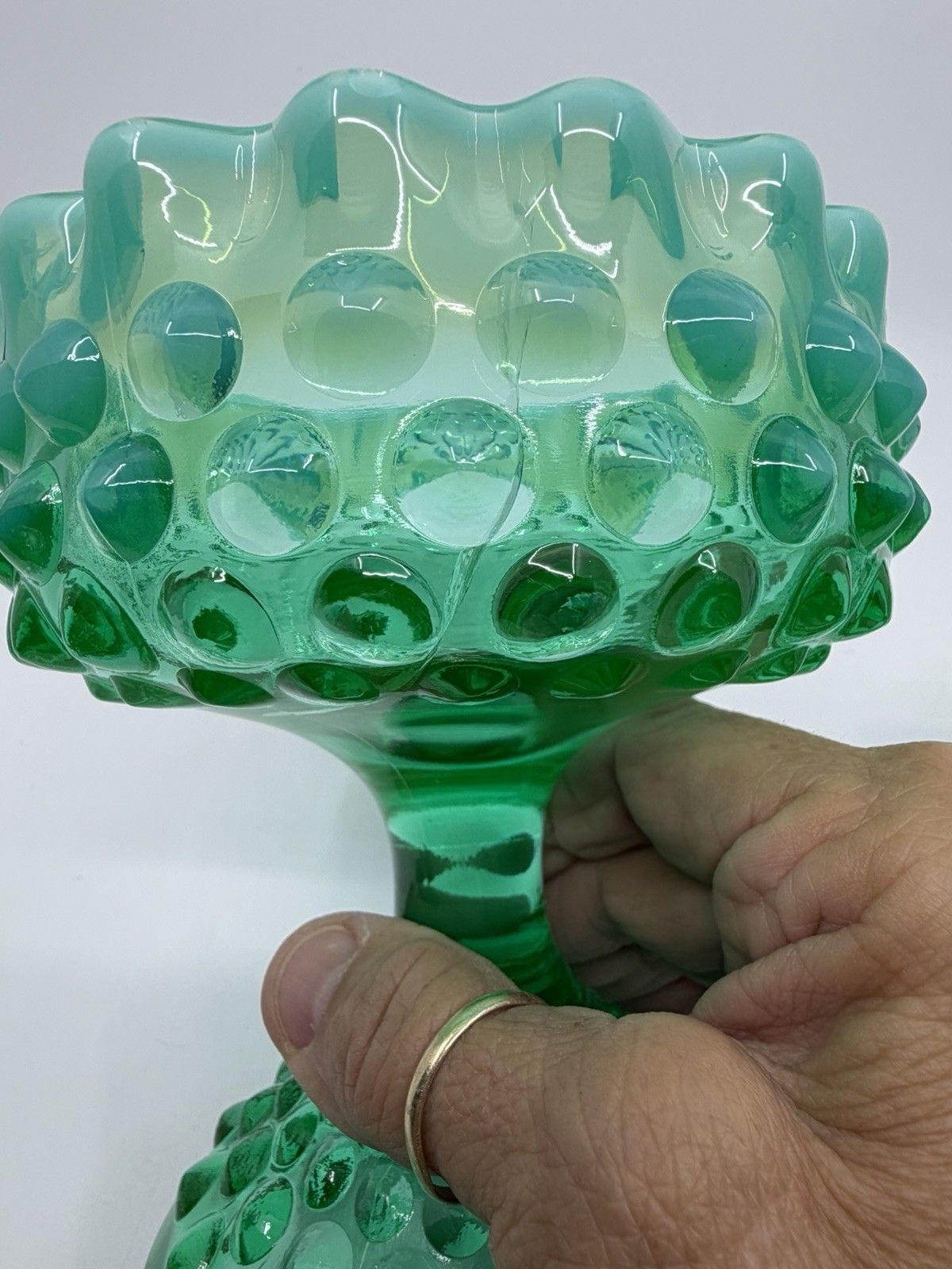 Vtg Fenton 1959 Emerald Green Opalescent Hobnail Lidded Candy Bowl Crack Glows
