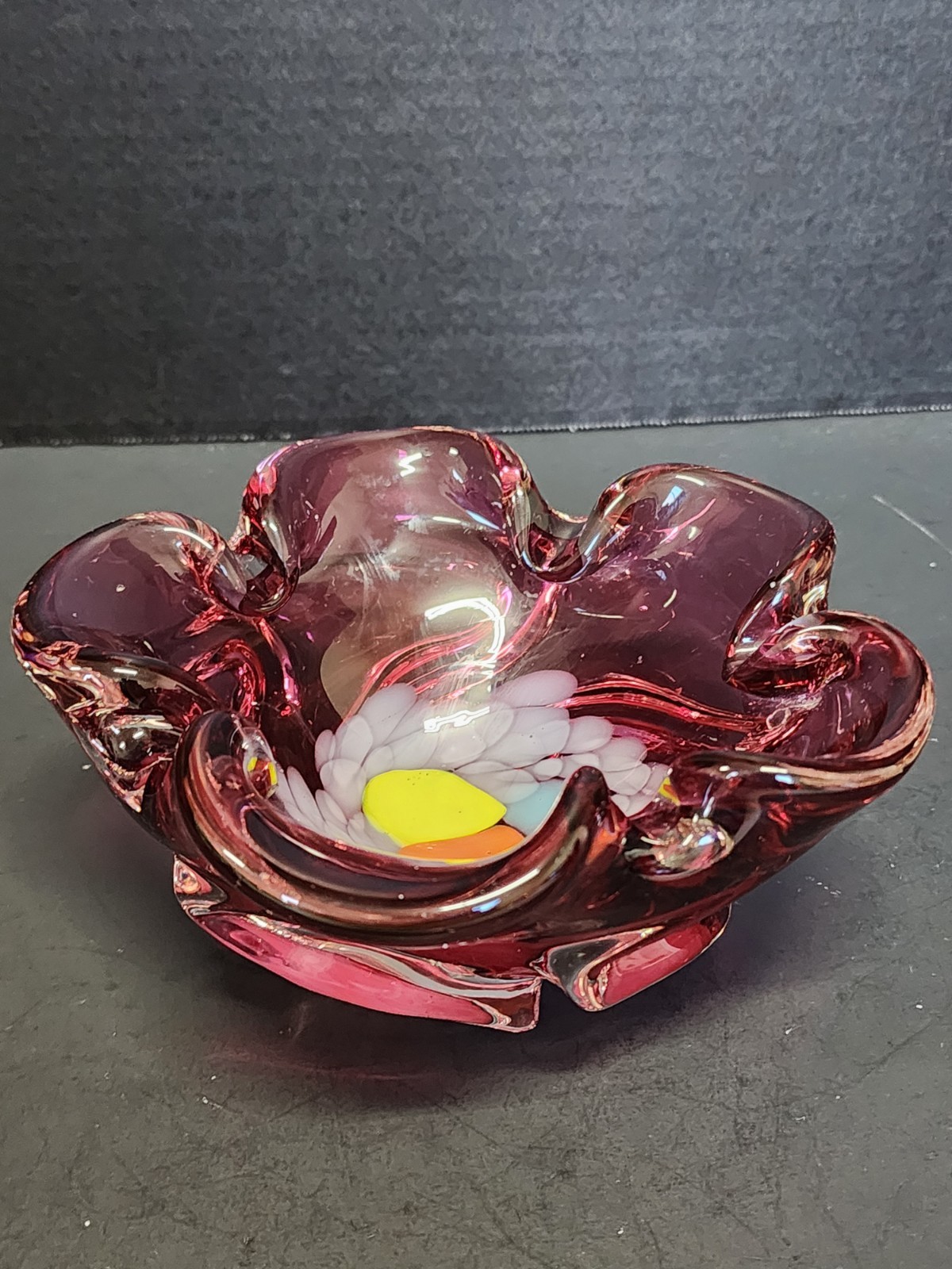 Bohemian Glass Bowl Pinched Side Purple Orange Swirled Bottom