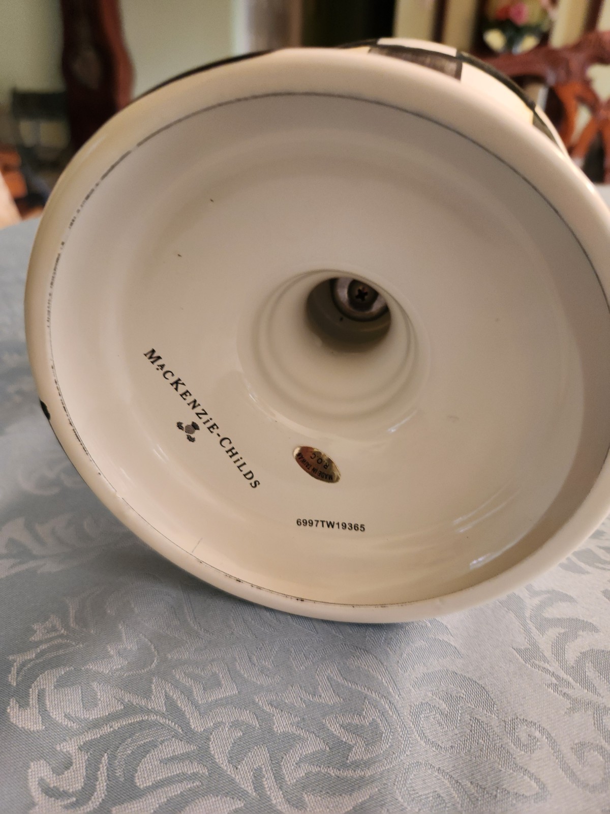 MacKenzie Childs Courtly Check Squashed Pot on pedestal