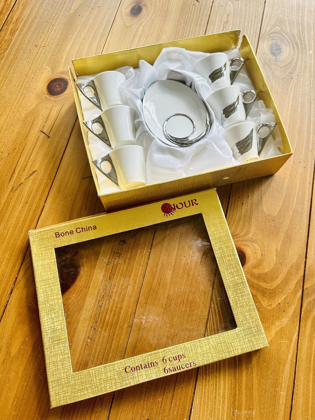Nour White & Silver Porcelain Demitasse Cups And Saucers Twelve Piece Set