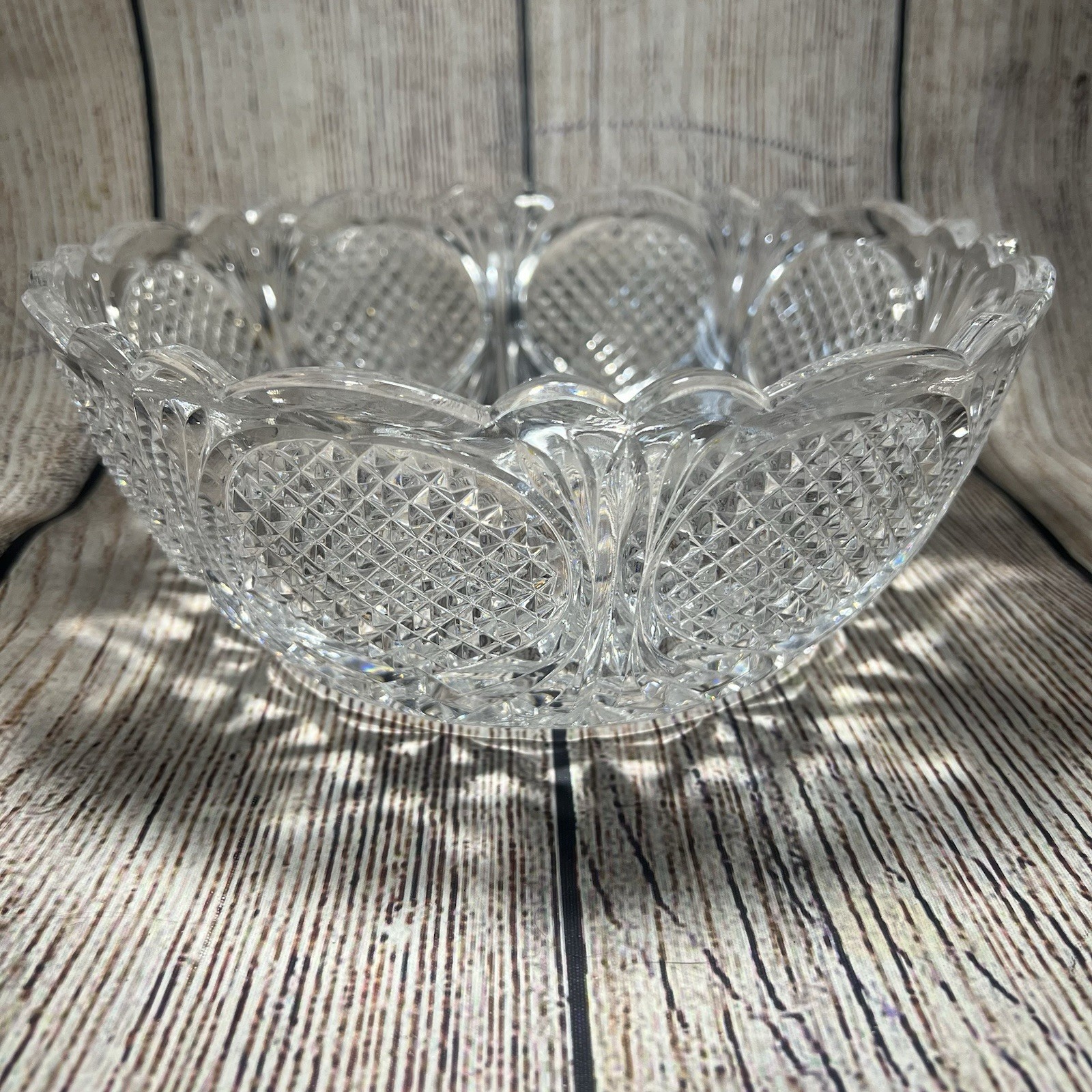 American Brilliant Period Cut Glass Crystal Bowl 9″ Scalloped Intricate ABP