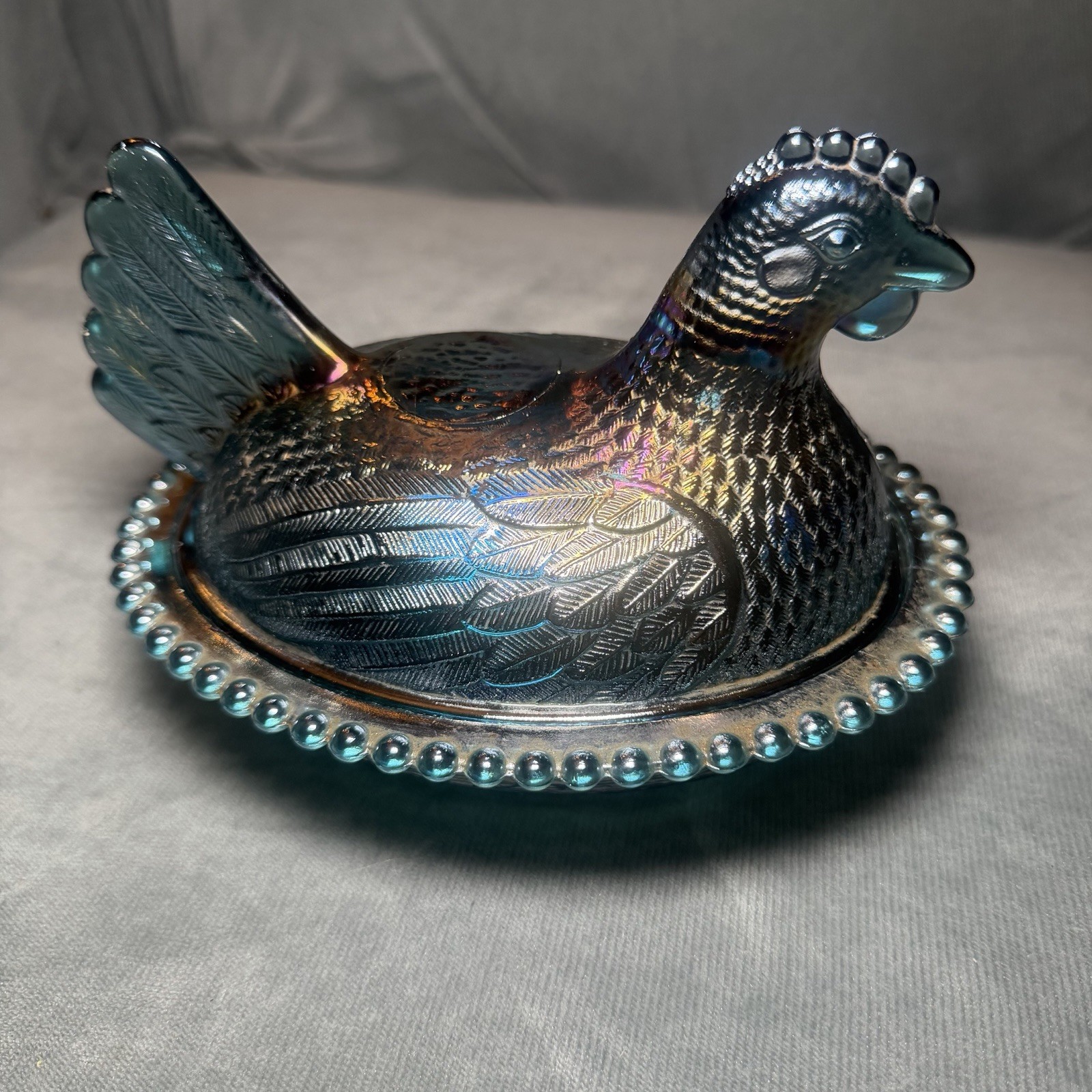 VTG Indiana Hen On a Nest Beaded Candy Dish 7″ Iridescent Blue Carnival Glass