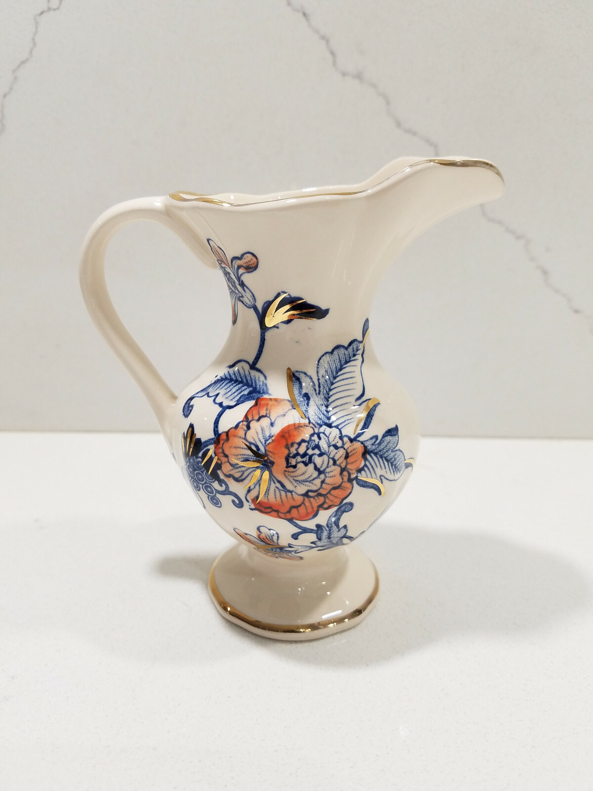 Mason’s England Cathay Pattern: Blue & Rust Flowers, Gold Trim Small Pitcher 5″