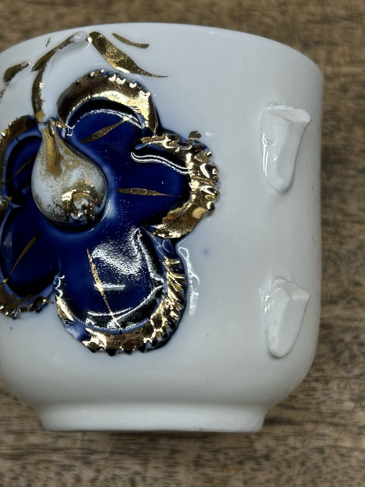 Antique Germany cobalt blue white gold rust Demitasse Cup applied Flowers Leaves