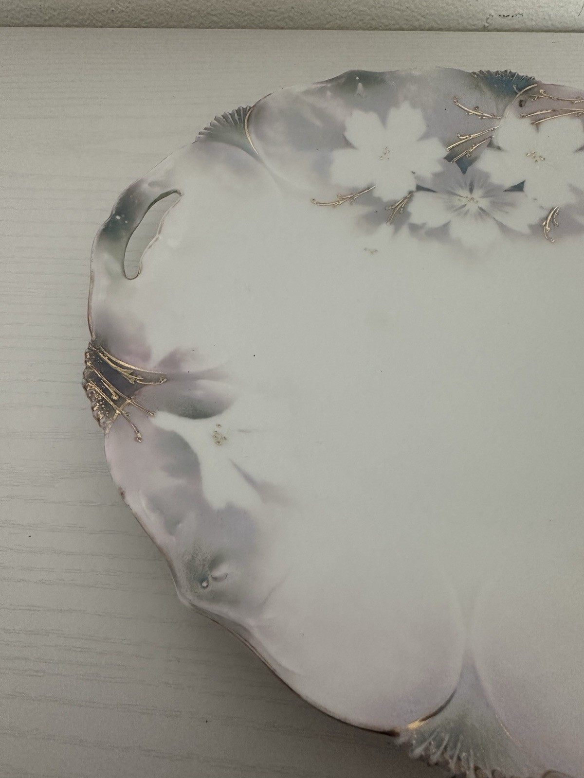 Antique RS Prussia Handled Serving Plate White Floral Gold Scalloped Rim 10