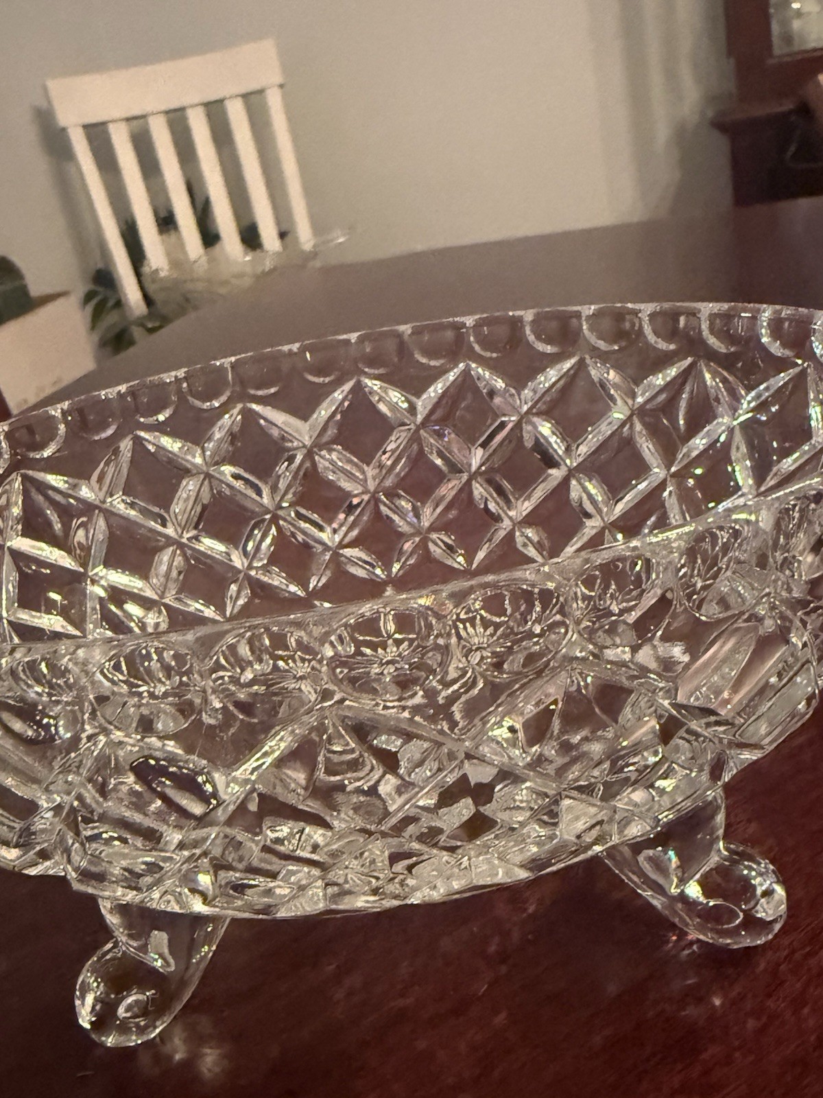 Vintage American Brilliant Period Oval Cut Glass 4 Footed Bowl