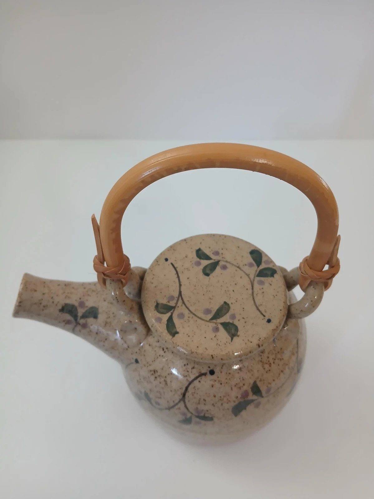 90s Cottagecore Speckled Stoneware Teapot with Bamboo Handle Hand-painted Floral