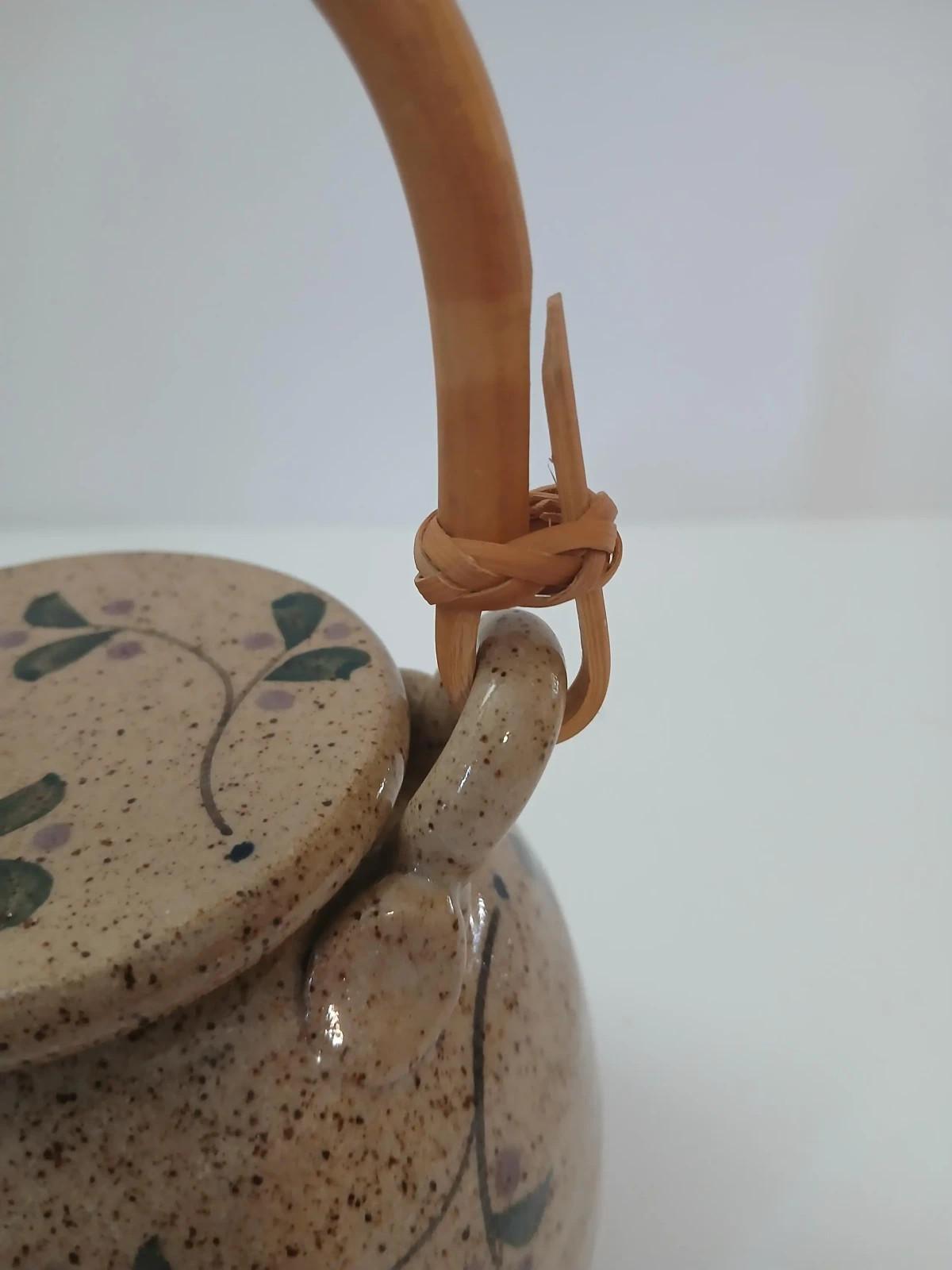 90s Cottagecore Speckled Stoneware Teapot with Bamboo Handle Hand-painted Floral