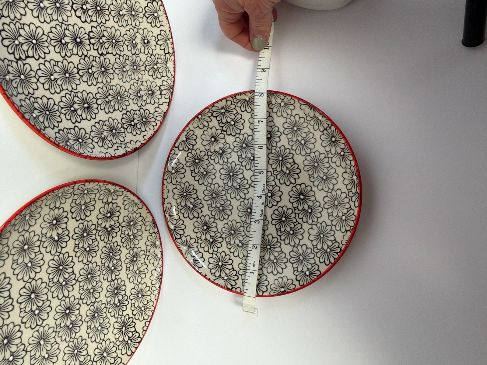 Yokohama Studio Hand Painted Daisy Floral Pattern Plates with Red Rim – Set of 3