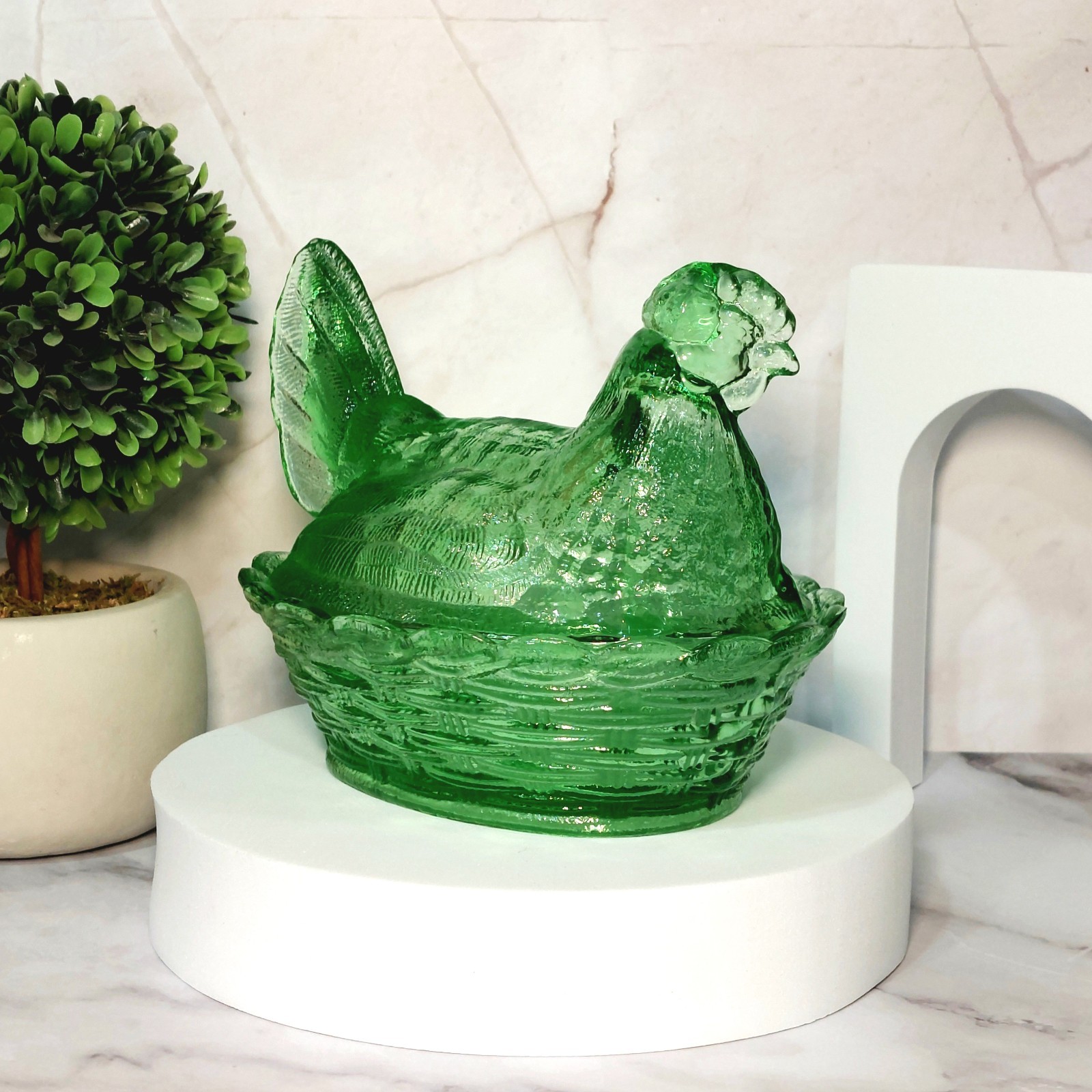 Hen on Nest Chicken Green Depression Style Glass Candy Dish, Vintage Style Decor